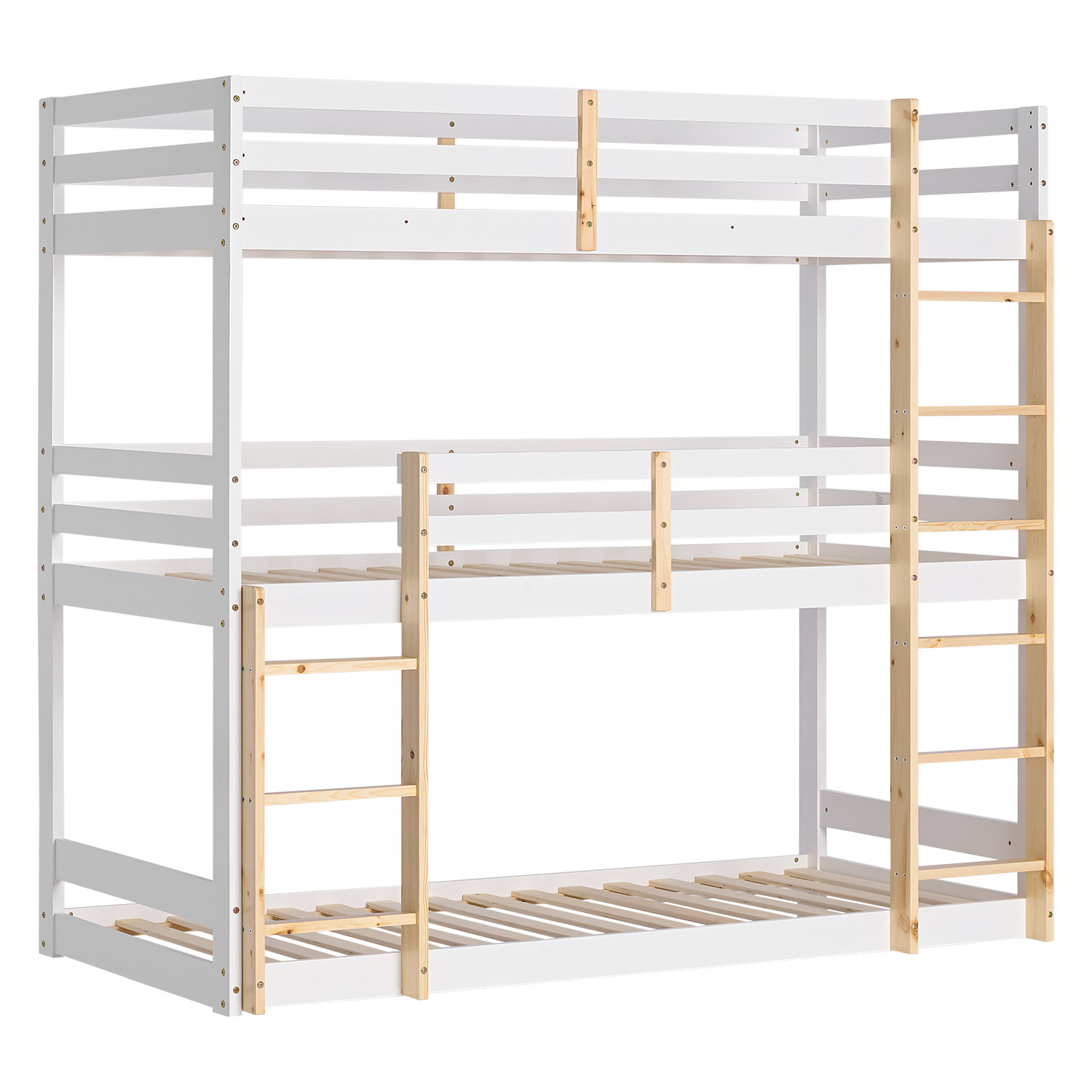 Bunk Bed 3 Levels 90x200 cm White | Ladders Natural | with Slatted Frame