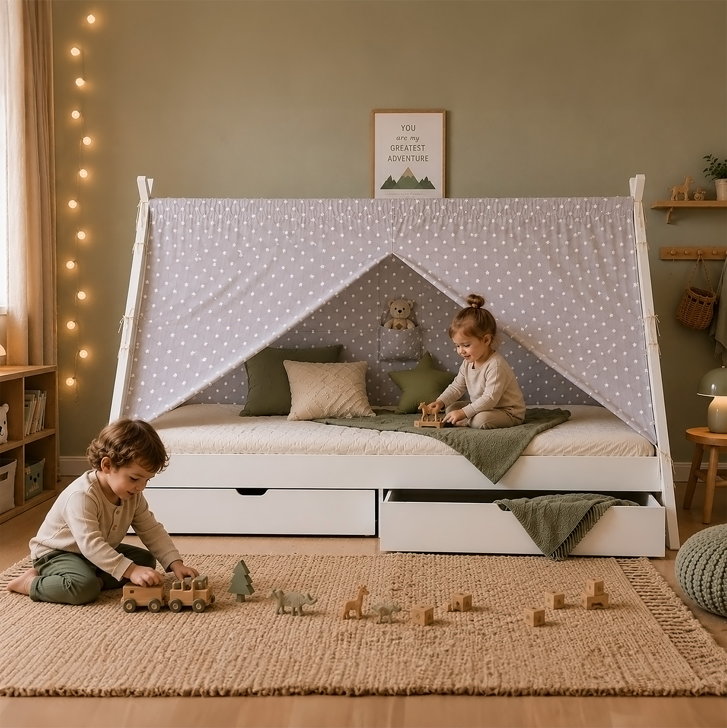 Children's Bed 90x200 cm White Gray Fabric | Tent Bed with Drawers | Single Bed | with Slatted Frame | Wood