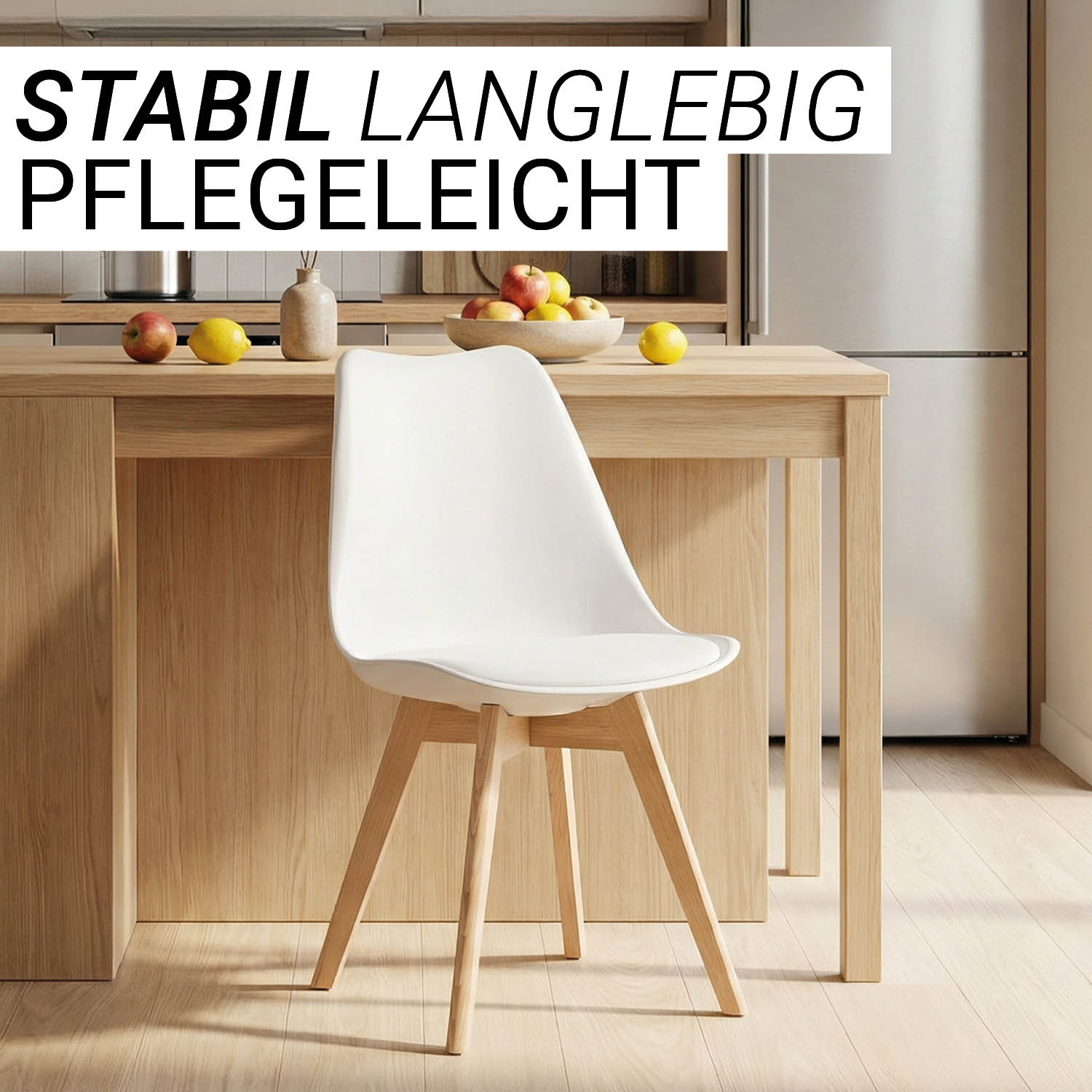 Dining Set (5-Piece): 120x80 cm oak extendable dining table with 4 white plastic chairs and wooden legs