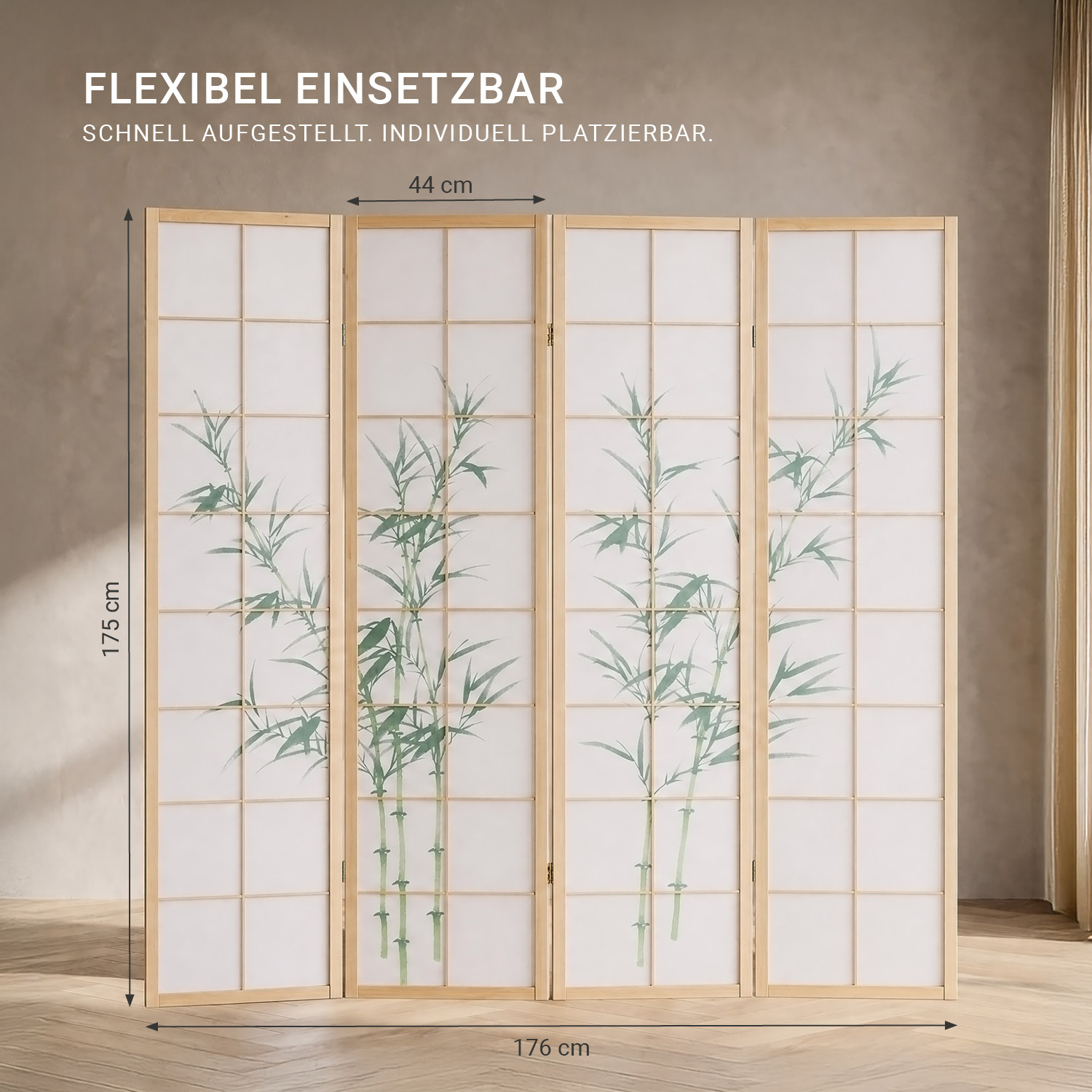 4-Panel "Nature" Screen – Wooden Room Divider with Bamboo Pattern & Rice Paper
