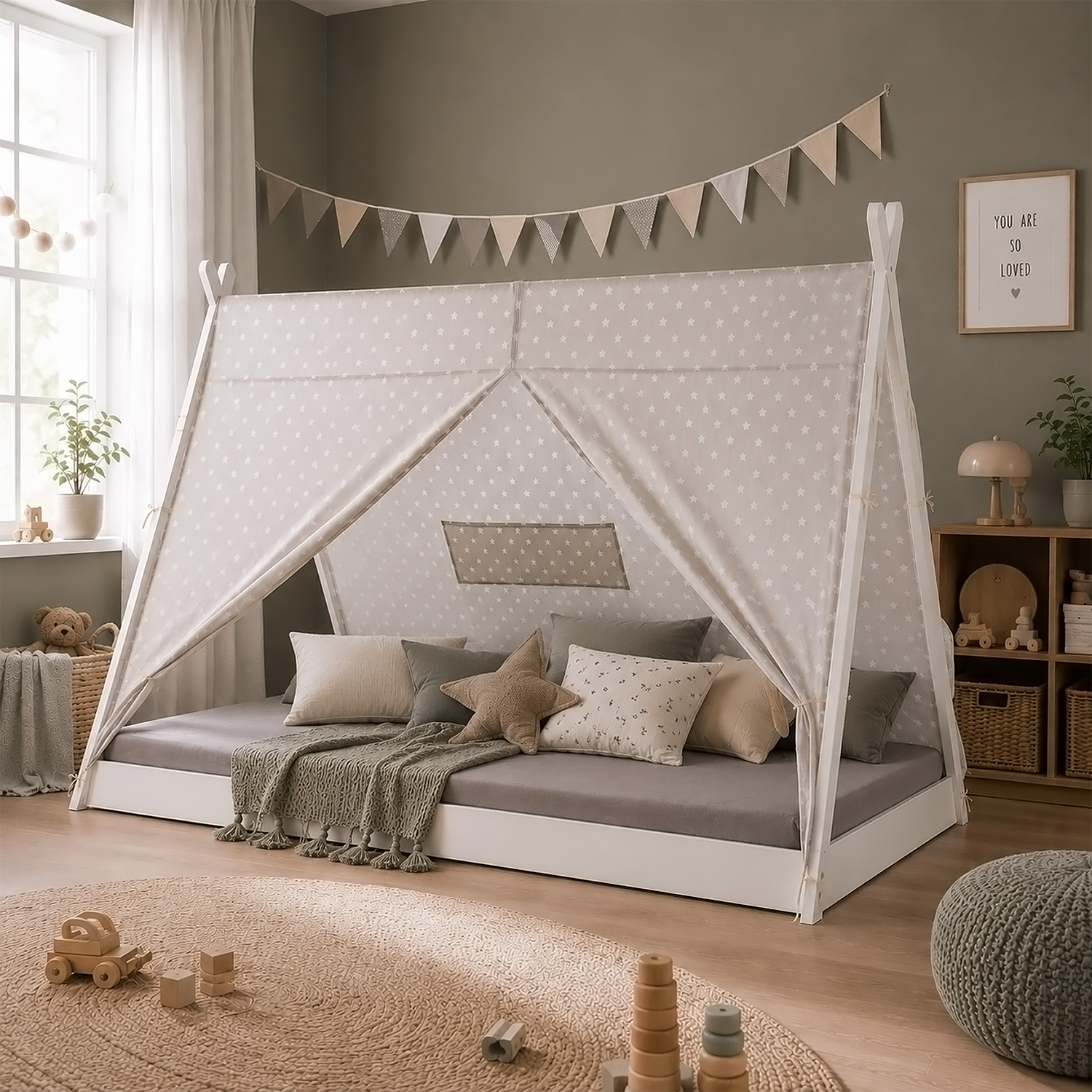 Children's Bed 90x200 cm White Gray Fabric | Tent Bed | Single Bed | with Slatted Frame | Wood
