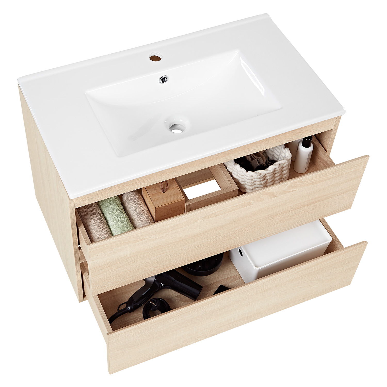 Bathroom cabinet 80 cm Natural Wood Oak Storage Vanity unit Bathroom furniture Sink unit Washroom wall cabinet 