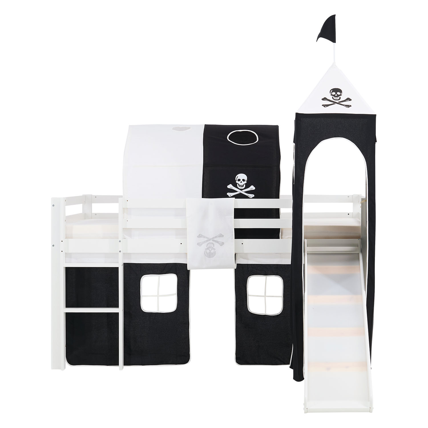 Children's Loft Bed 90x200 cm, White with Black Curtain | Tunnel | Tower | Slide | Without Slatted Base