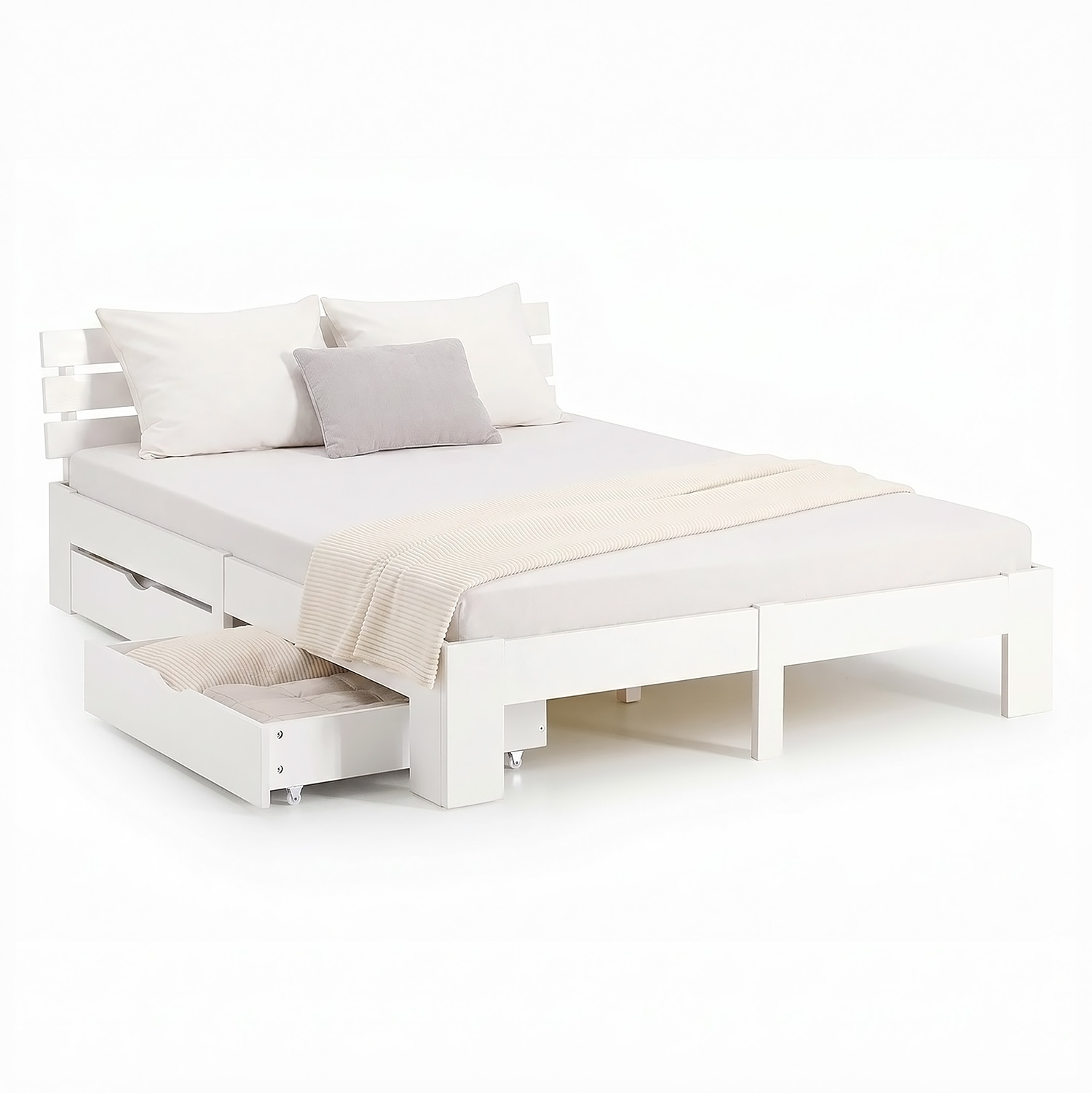 Wood Bed 180x200 cm White | Double Bed with Storage 2 Drawers | with Mattress | Solid | Youth Guest Bedroom