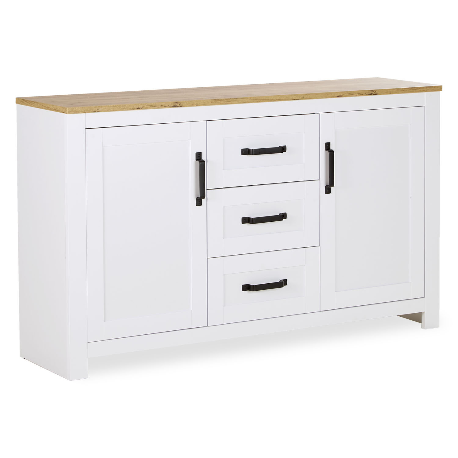 Highboard in Weiß mit Oberflächen in Eichenoptik und Schubladenstauraum. In der eingerichteten Szene sind grüne Pflanzen, ein Wandbild und ein Holzfußboden zu sehen.