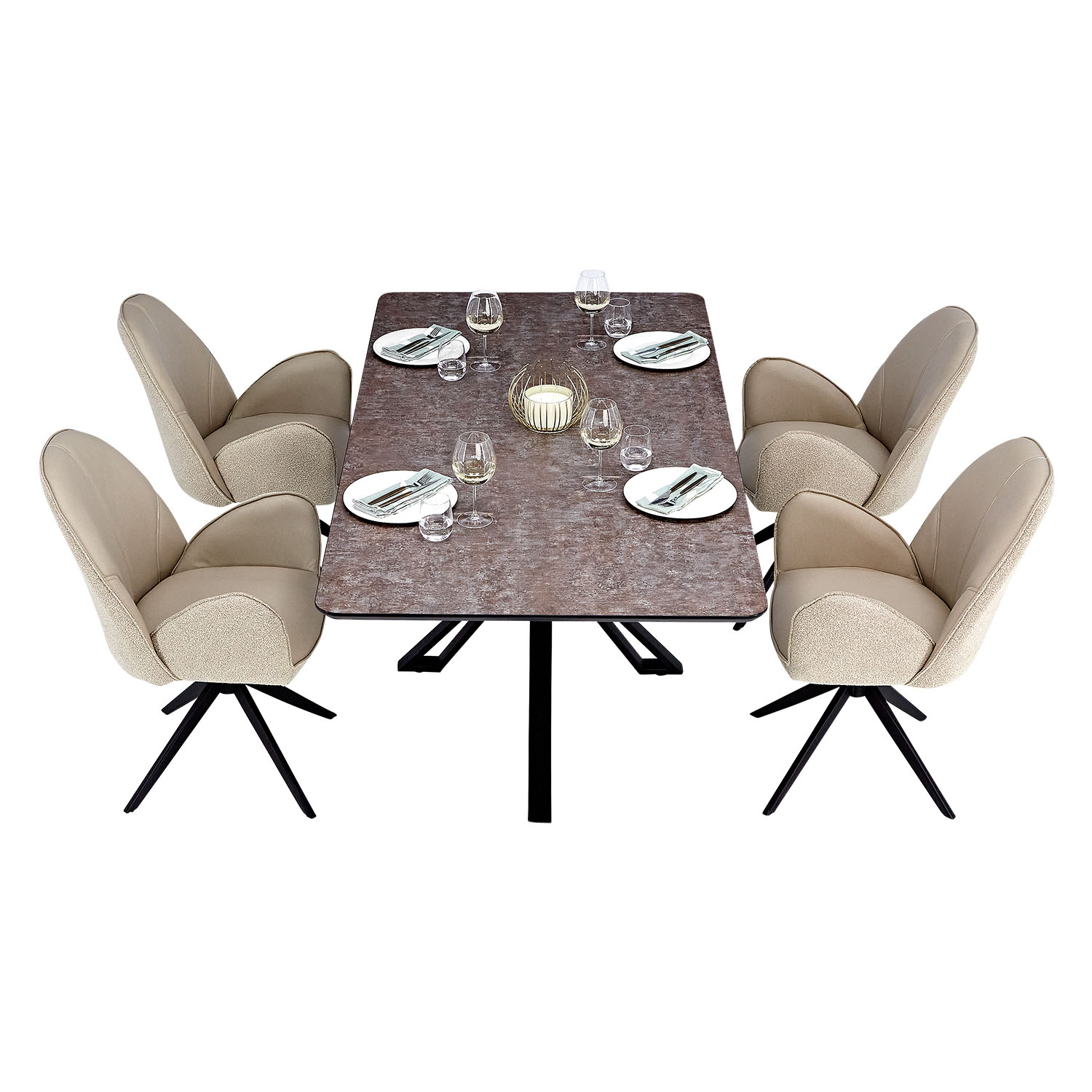 Dining set | 4-piece set upholstered chairs beige bouclé Leder with armrest | swivel | dining table brown metal frame 200 x 100 cm