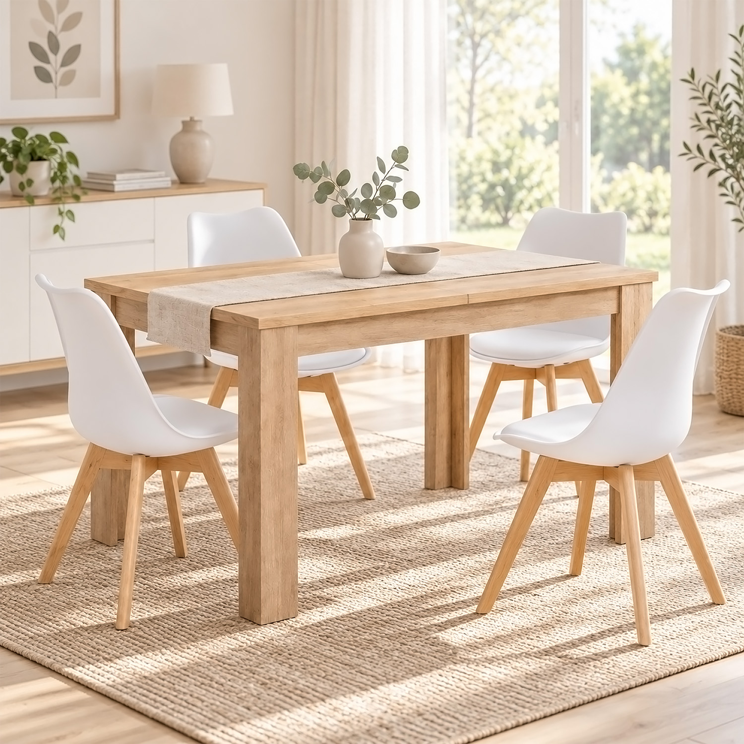 Dining Set (5-Piece): 120x80 cm oak extendable dining table with 4 white plastic chairs and wooden legs