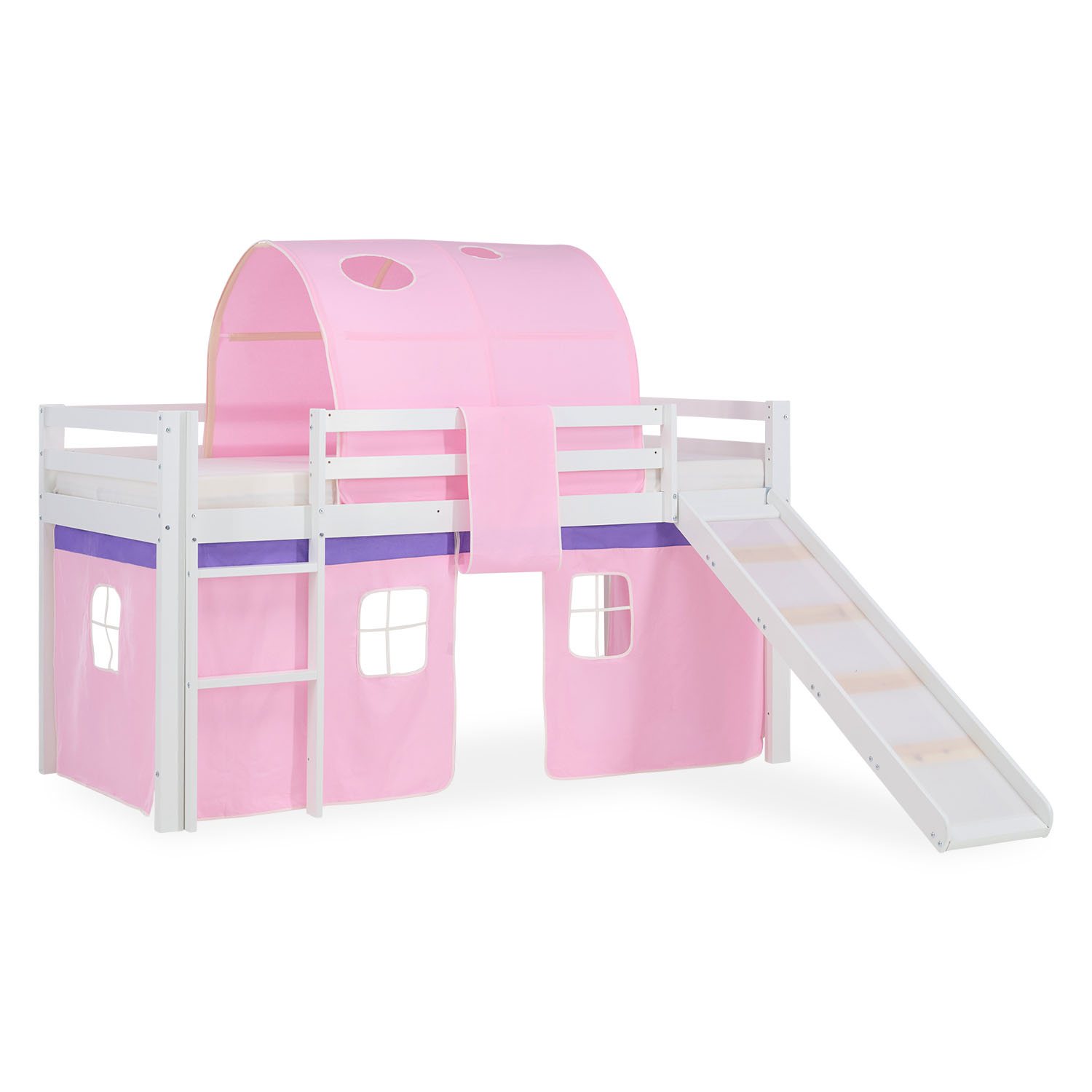 Loftbed 90x200 cm Bunk bed Childrens bed Solid Pine Wood Tower Tunnel Curtain Pink Slide Mattress Slats