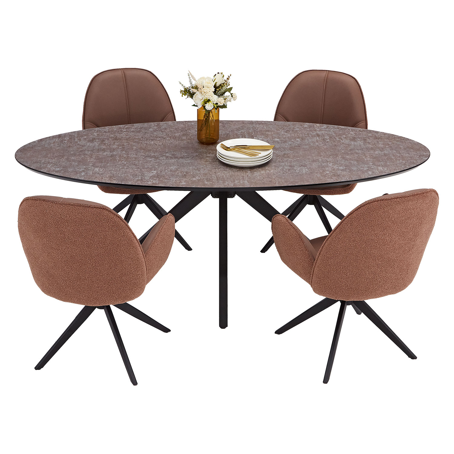 Dining set | 4-piece set upholstered chairs brown bouclé Leder with armrest | swivel | dining table brown metal frame oval 200 cm