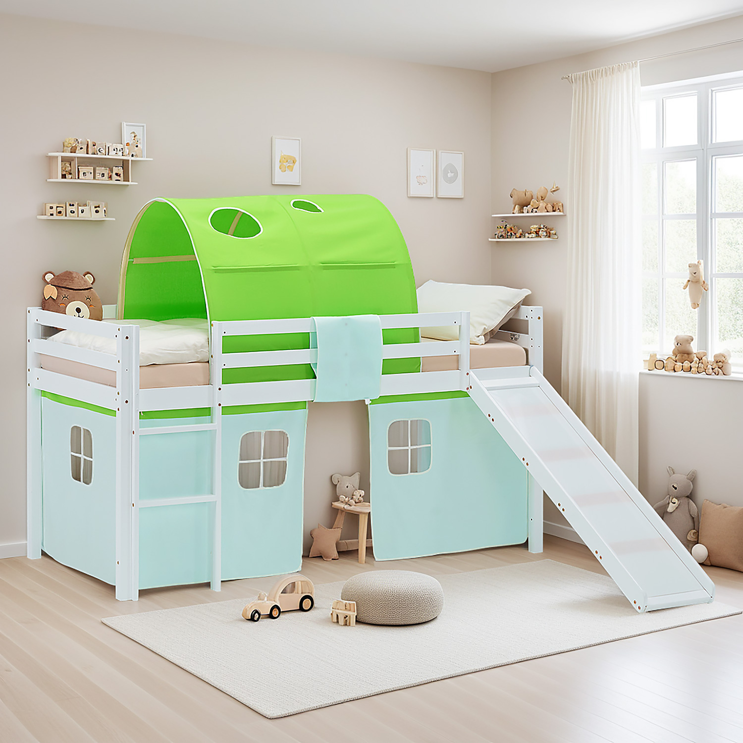 Loft Bed for Kids 90x200 cm White with Curtain & Tunnel in Green | Slide | with Slatted Frame and Mattress