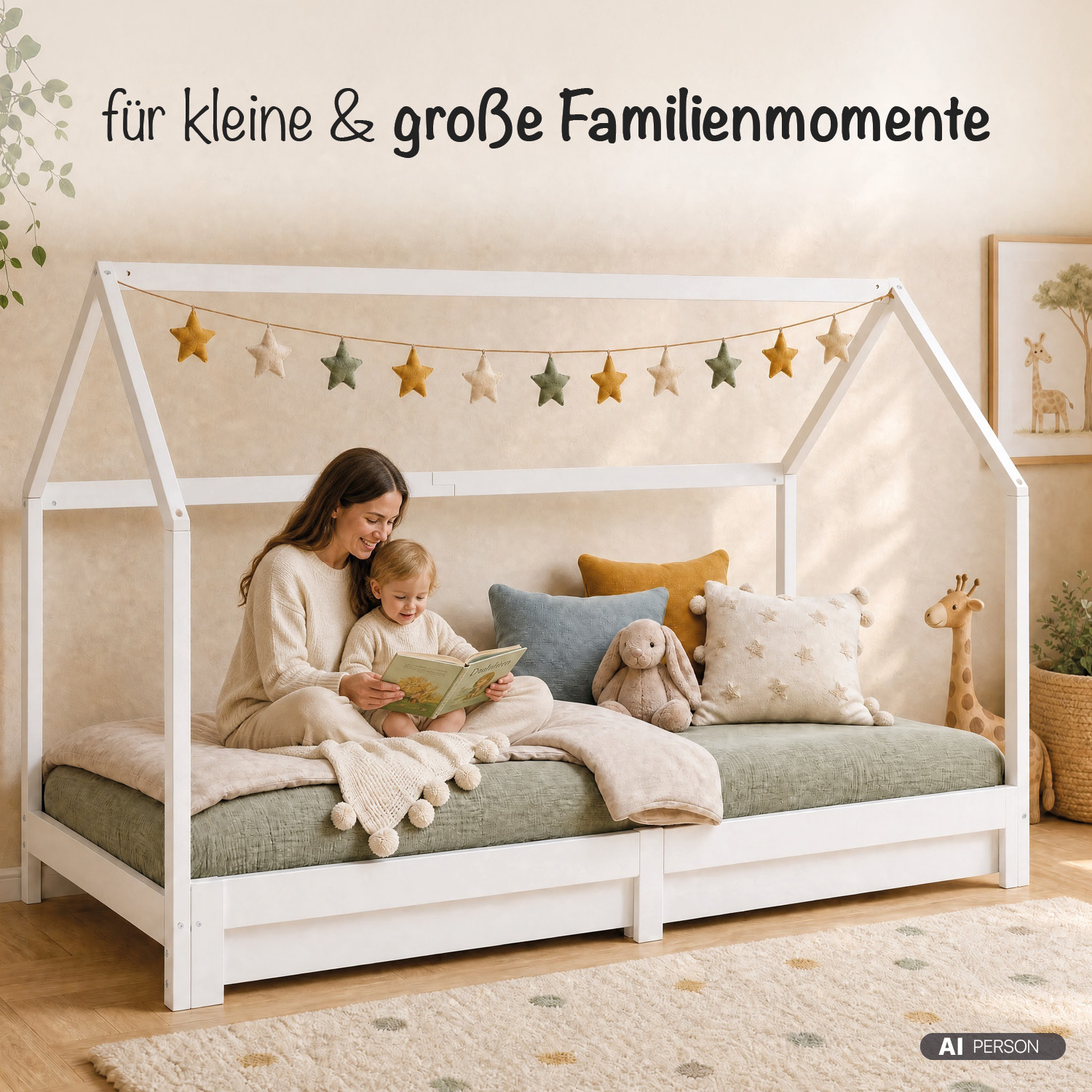 Children's Bed with Pull Out Bed 2 Mattresses 90x200 cm House Bed Treehouse Bed Children's Single Bed Wooden Frame White Trundle Bed Slats