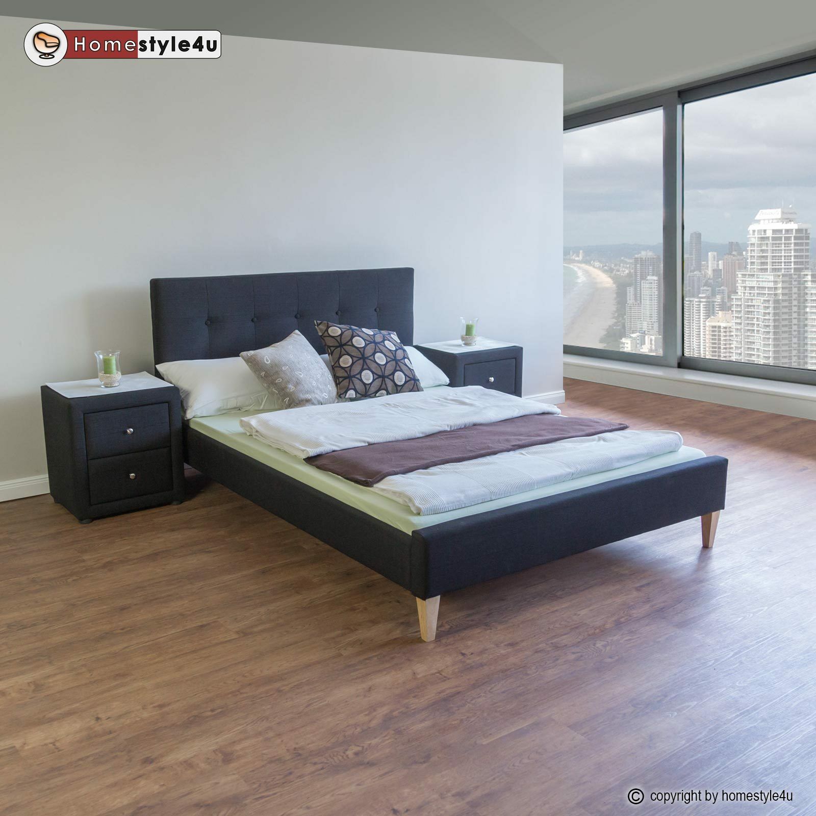 Upholstered bed 140x200 cm black | with slatted frame | double fabric bed frame