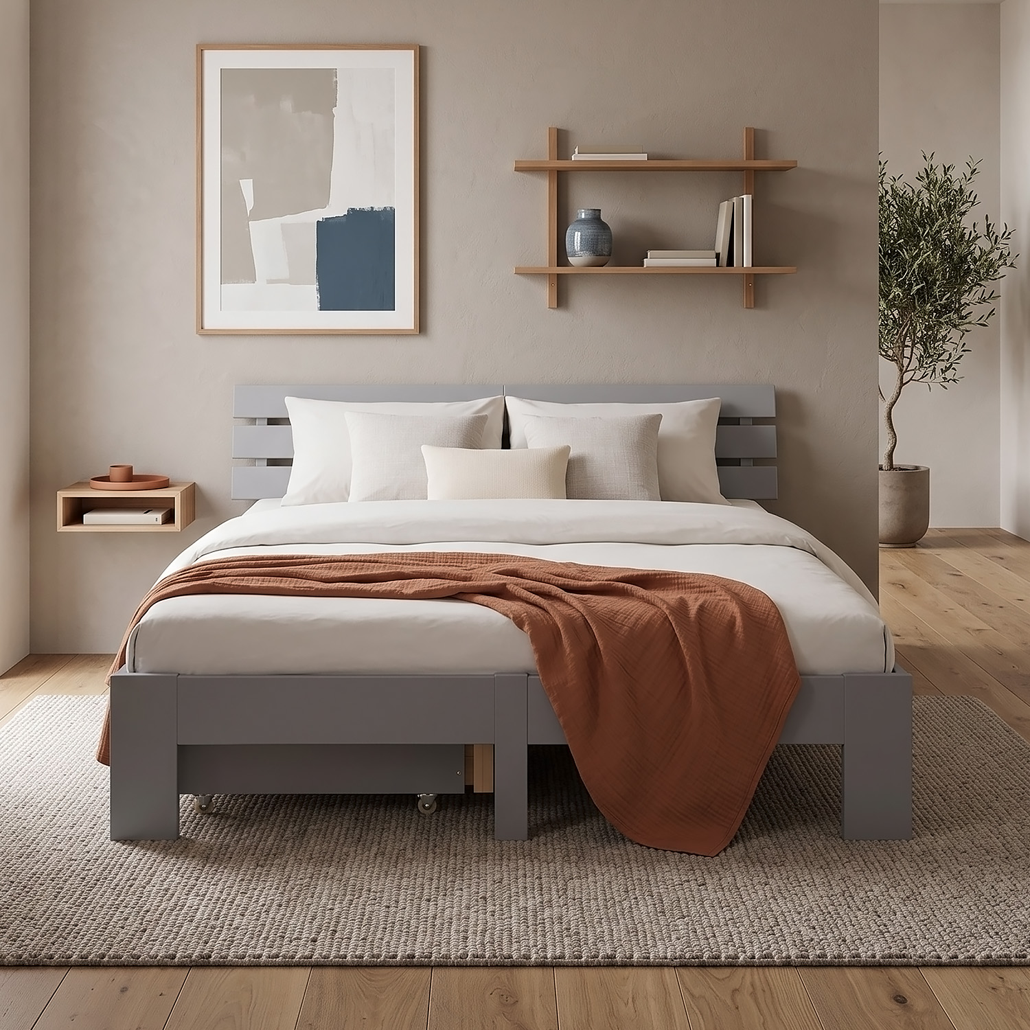 Wooden Bed 140x200 cm, Gray, with Storage Compartment & Slatted Base – Solid Wood Double Bed