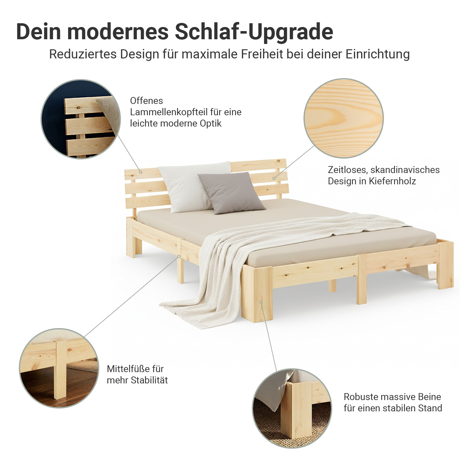 Wood Bed 180x200 cm Natural | Double Bed | with Slatted Frame | Solid | Kids Youth Guest Bedroom