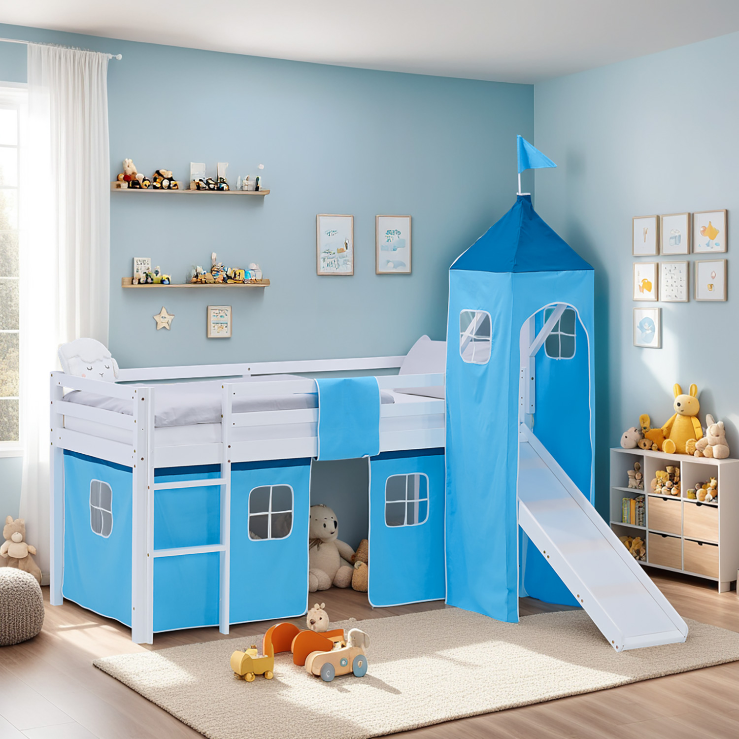 Loft Bed for Kids 90x200 cm White with Curtain in Blue | Slide | Tower | with Slatted Frame and Mattress
