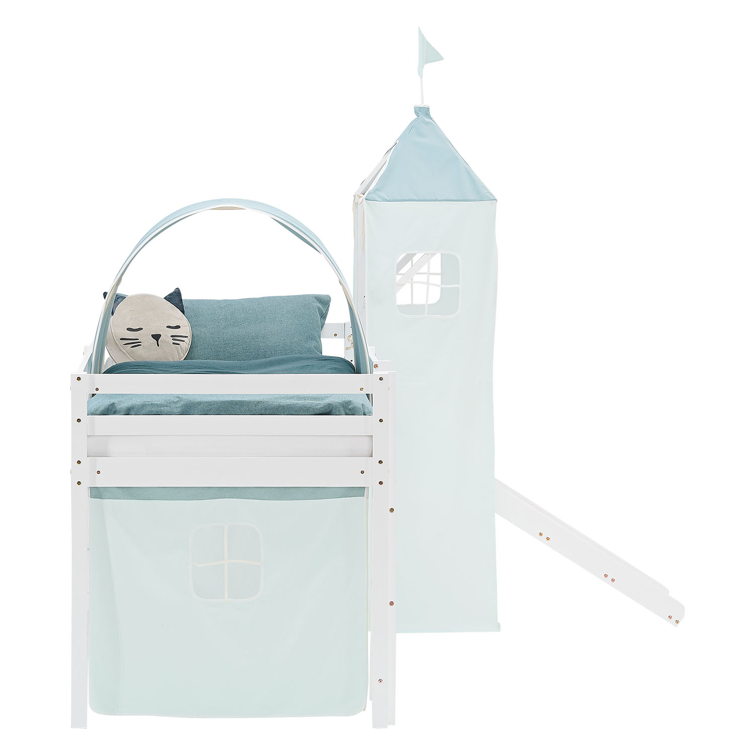 Loft Bed for Kids 90x200 cm White with Curtain in Mint Green | Slide | Tower | Tunnel | with Slatted Frame and Mattress