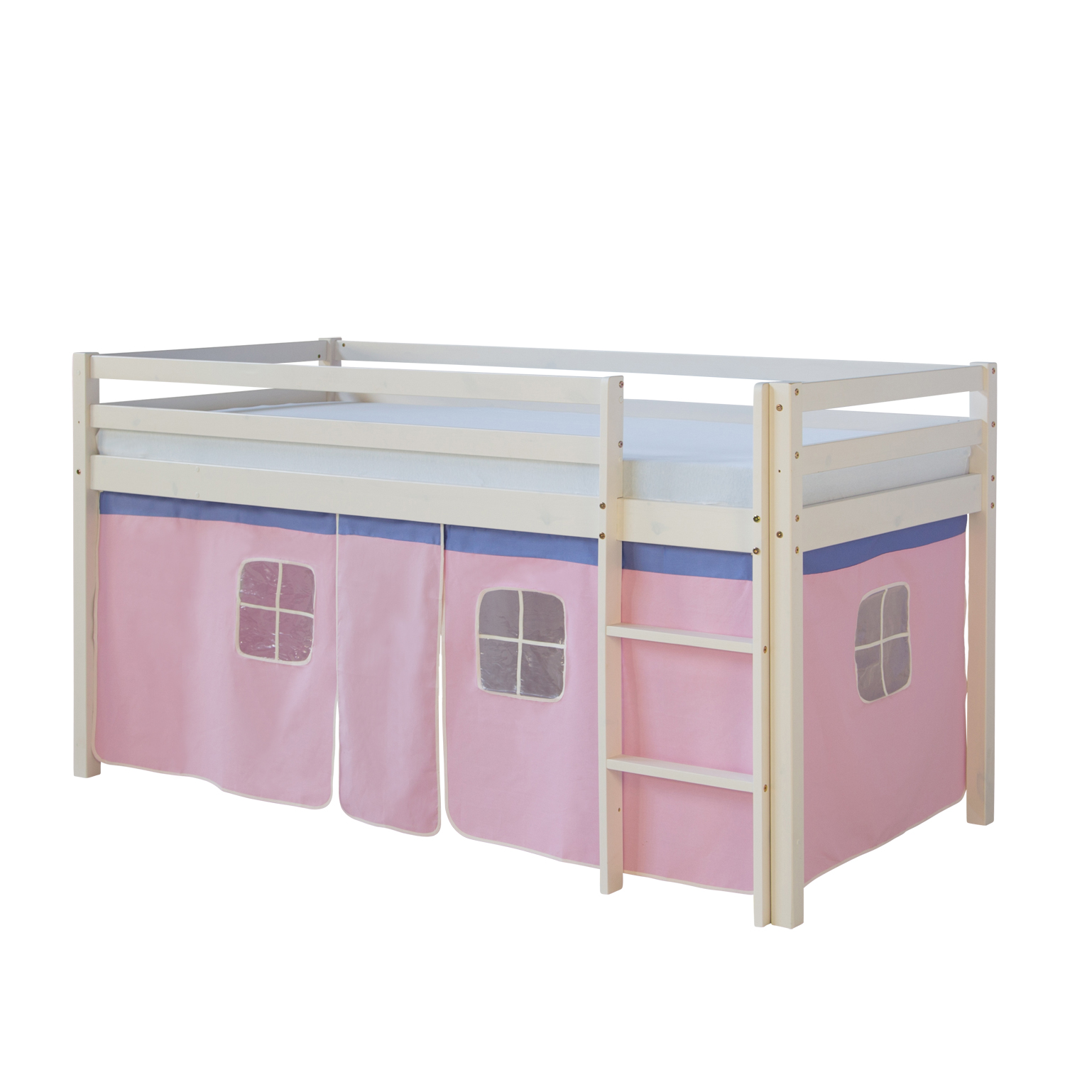 Loftbed 90x200 cm with Mattress Bunk bed Childrens bed Solid Pine Wood Slats Curtain Pink