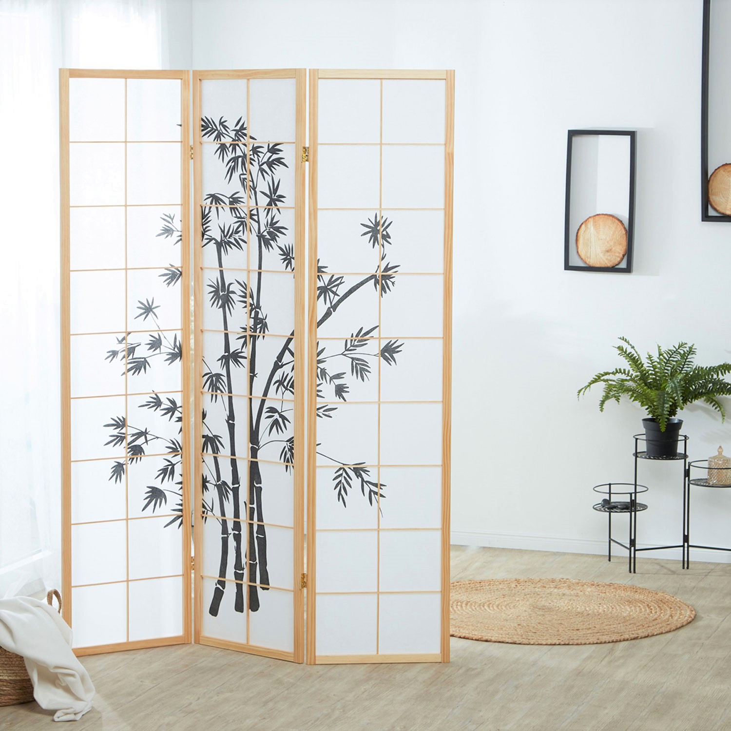 Paravent Natural Bamboo Pattern Print | 3-panel | Wood | Room Divider Partition Privacy Screen