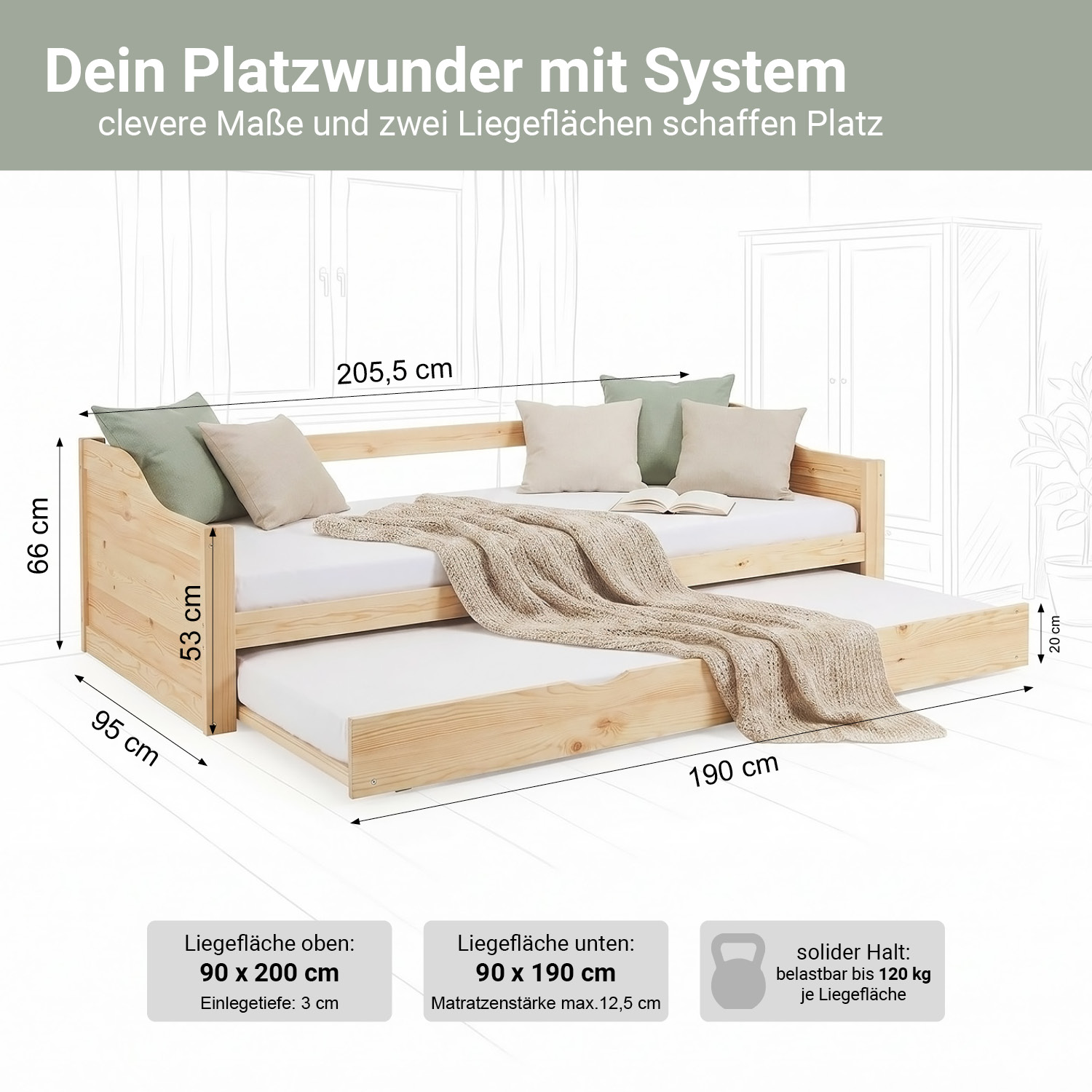 Wood Bed 90x200 cm Natural | Extendable | Cabin Bed | with Mattress | Kids Youth Guest Bedroom