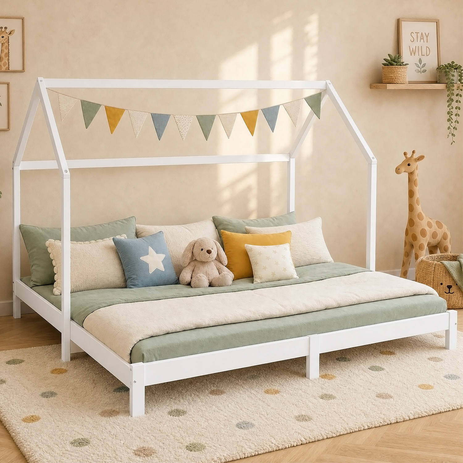 Children's Bed 90x200 cm White | House Bed Extendable to Double Bed | Functional Bed | with Slatted Frame | Wood