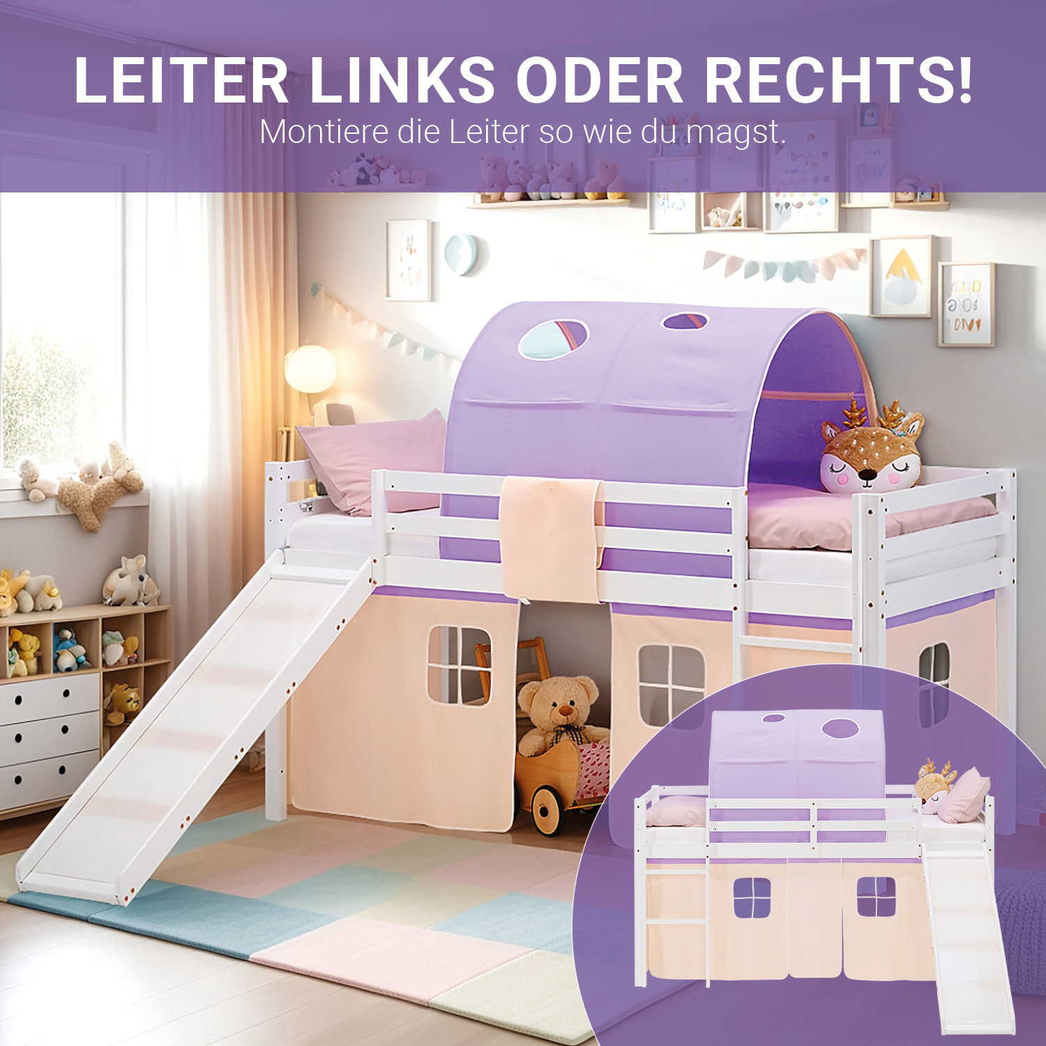 Loft Bed for Kids 90x200 cm White with Curtain & Tunnel in Lilac Beige | Slide | with Slatted Frame and mattress