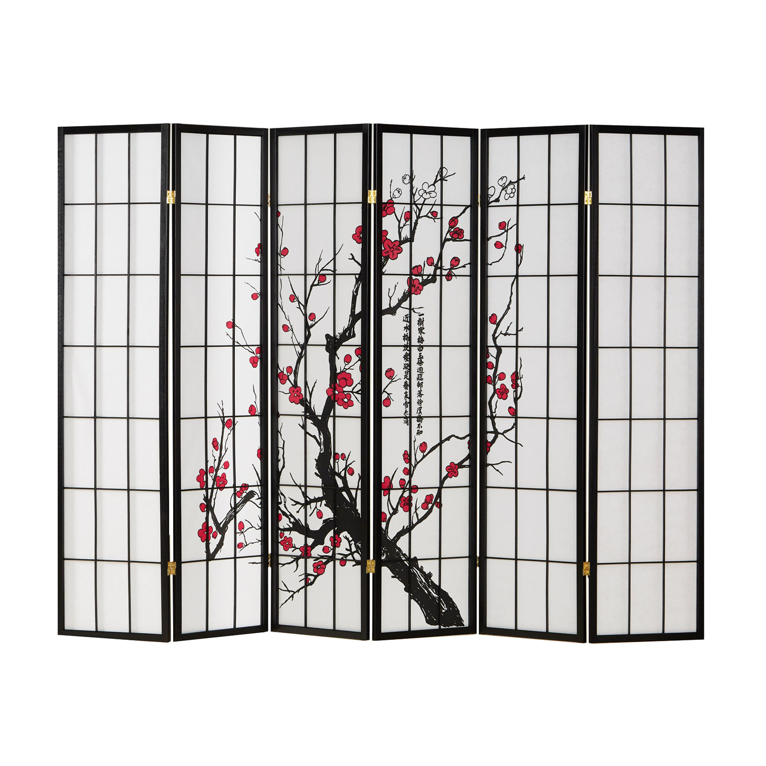 Paravent room divider 3 4 5 6 parts, wood black, rice paper white, cherry pattern