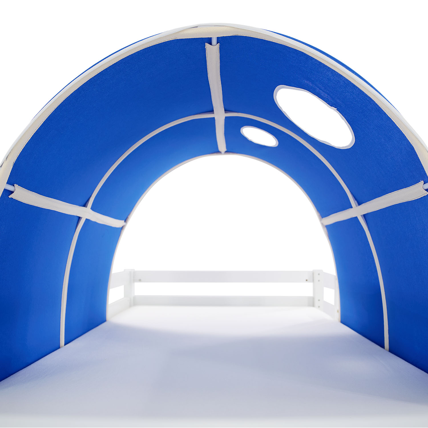 Children's Loft Bed 90x200 cm White with Blue Curtain | Slide | Tunnel | Includes Slatted Base | Includes Mattress