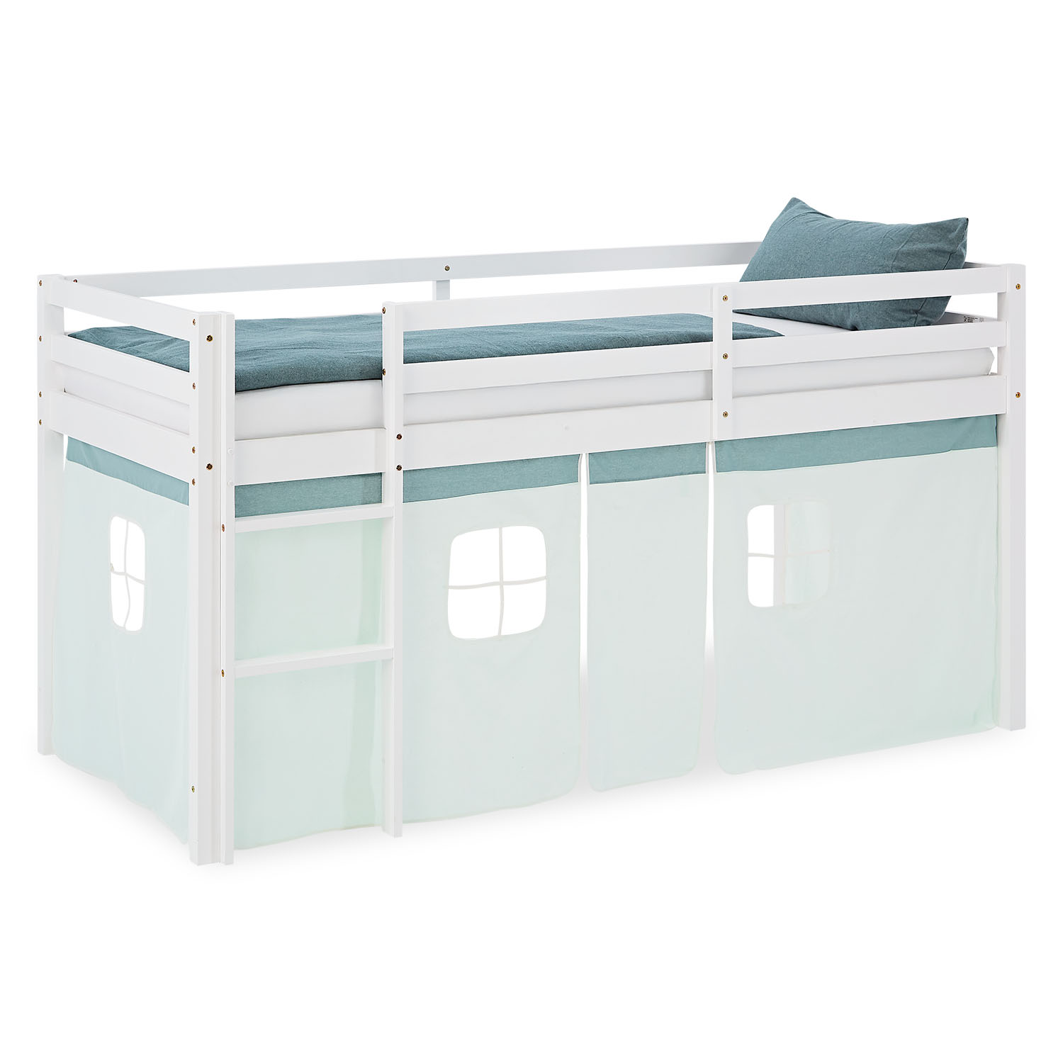 White mid-height kids? bed made of solid wood with turquoise curtain ? space-saving play bed with ladder and window accents, ideal for modern children?s rooms