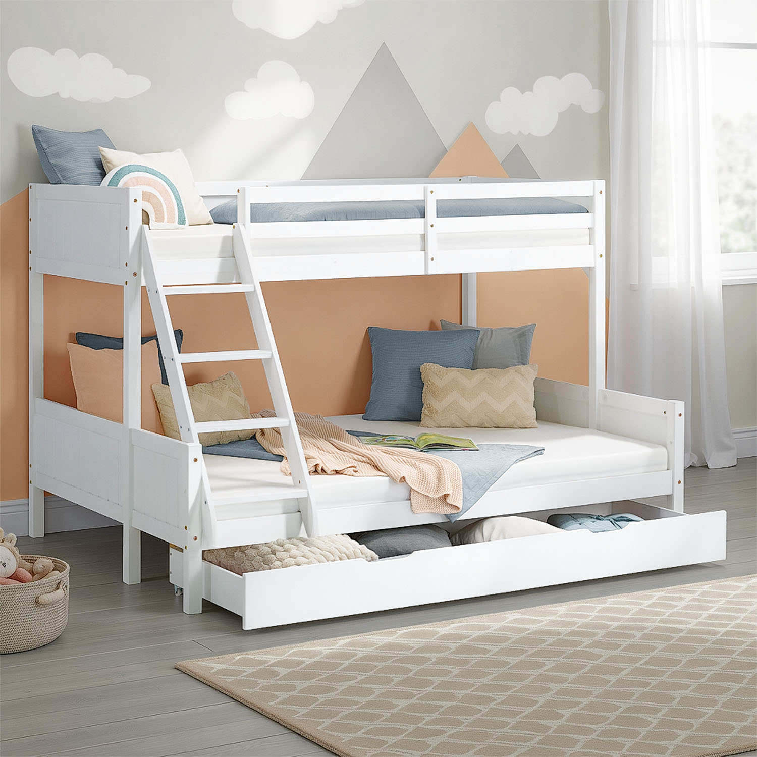 Bunk Bed with 2 Mattresses Kids Bed 90x200 and 140x200 cm White Wood Cabin Bed High Sleeper Bed Loft Bed Childrens Bed Twin Bed Drawer