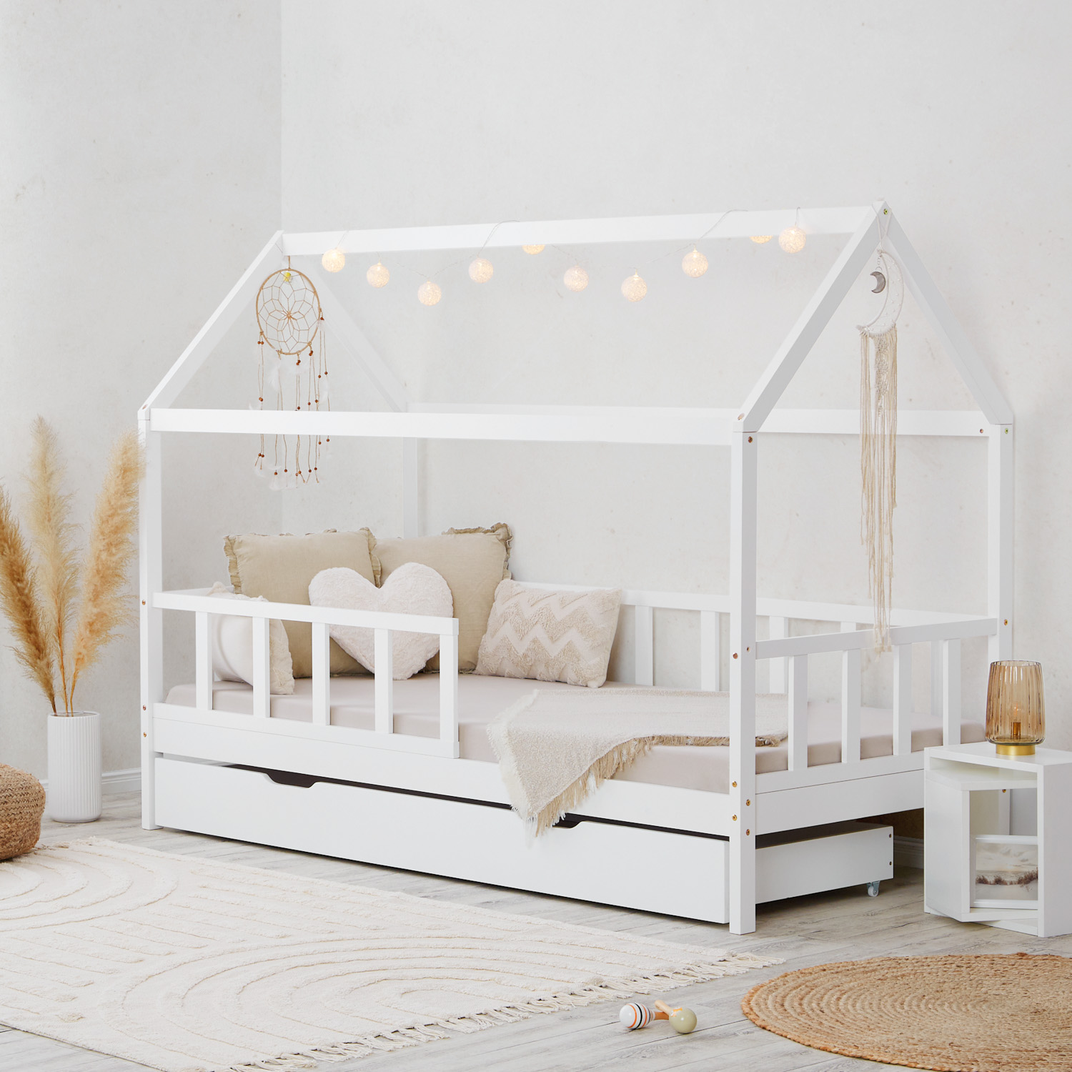 Children's Bed 90x200 cm White | House Bed with Fall Protection and Bed Drawer | Montessori | Single Bed | with Slatted Frame | Wood