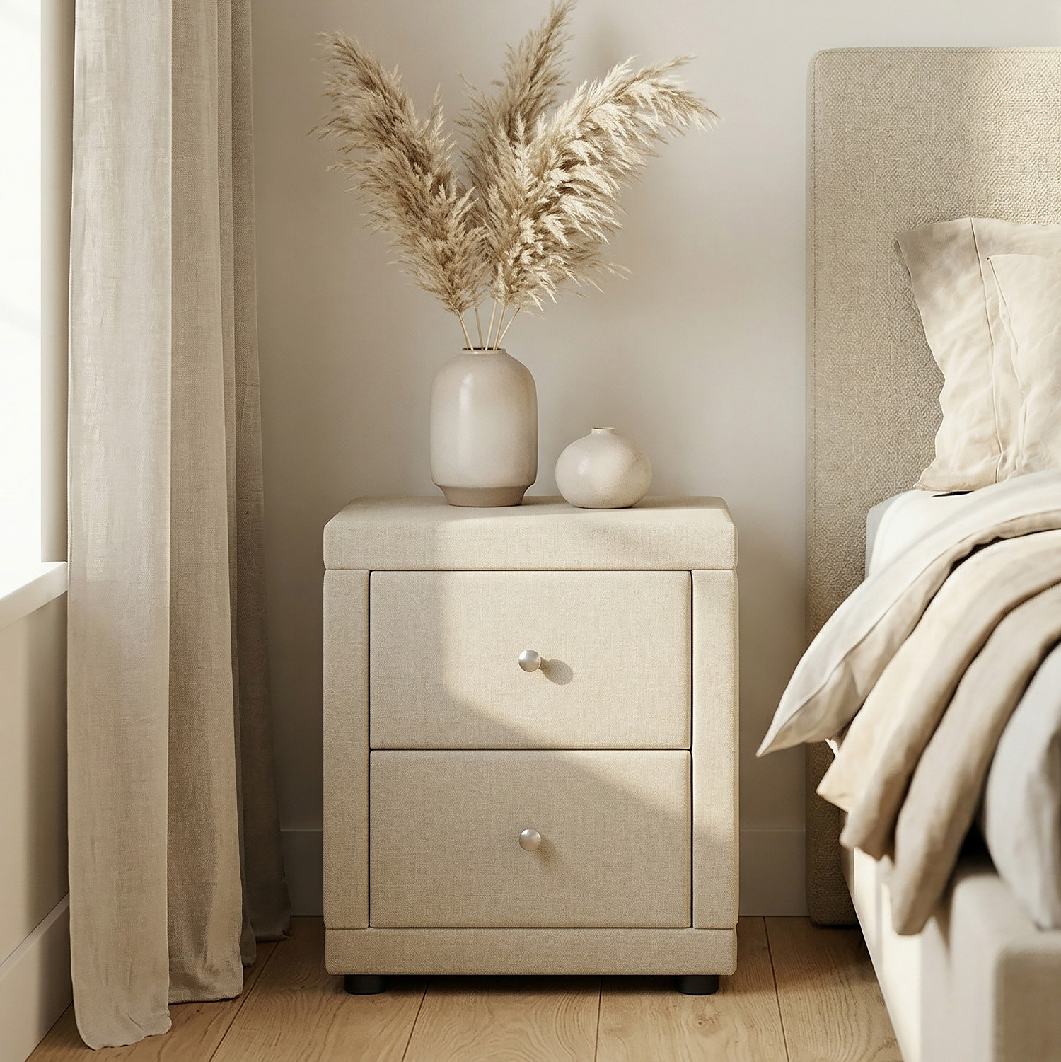 Bedside table Nightstand bedroom 2 Chest drawers Side table Beige fabric