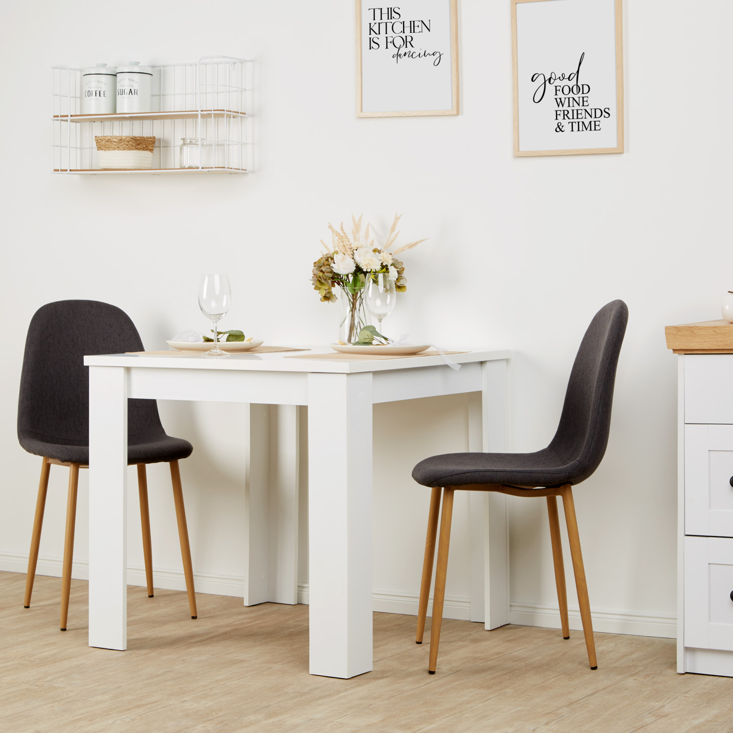 Modern White Dining Table 80x80 cm with 2 Chairs Anthracite Dining Room Table Wooden Table