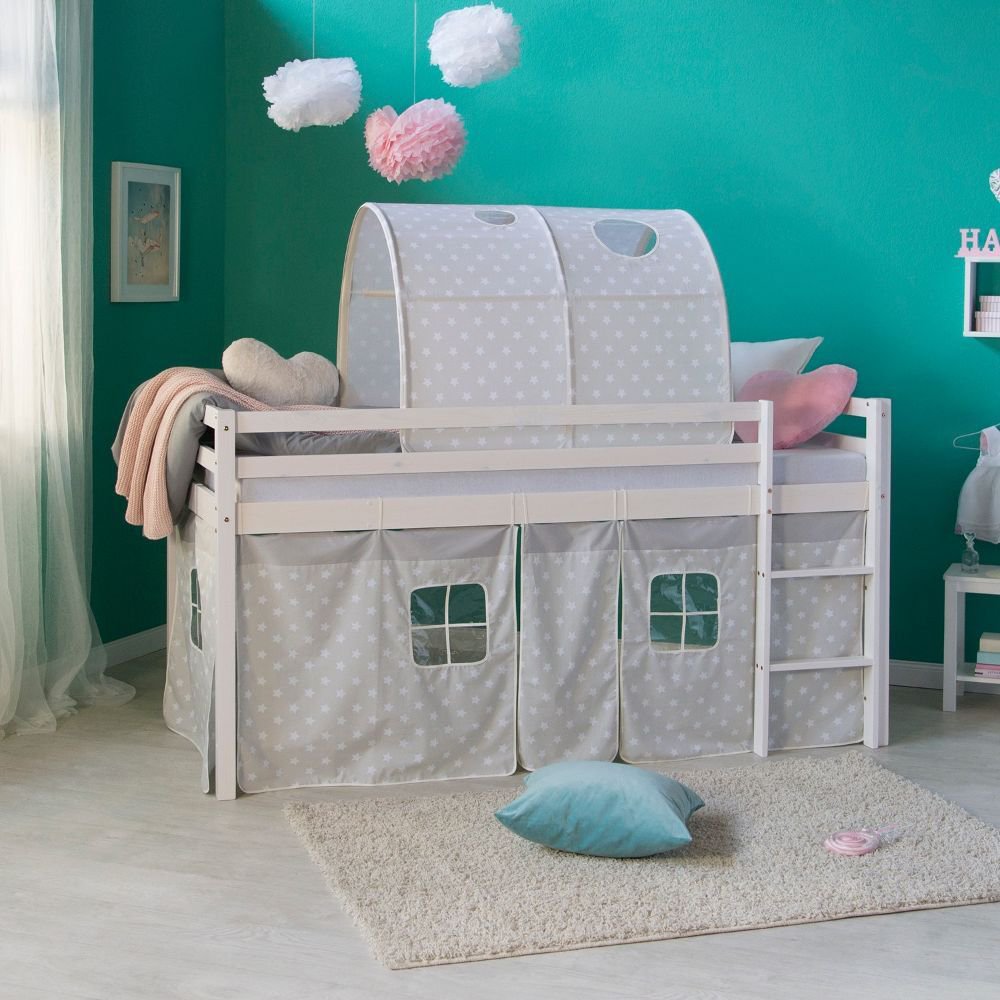 Loft Bed Kids 90x200 cm White with Curtain Stars | Tunnel | without Slatted Frame