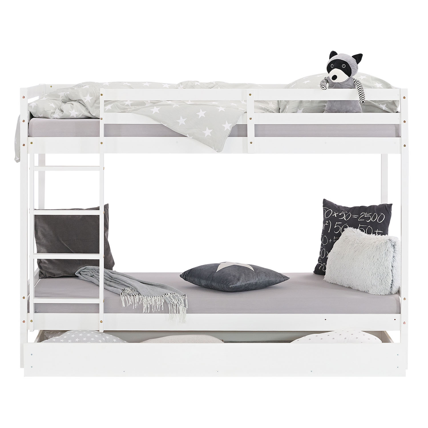 Bunk bed with drawer and 2 matresses Children bed 90x200 cm wooden Kids bed High sleeper White Slats
