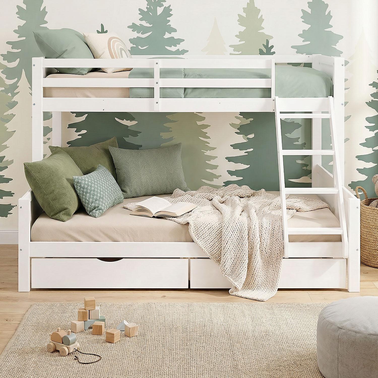 White Wooden Bunk Bed for Kids & Teens, 90x200 cm & 140x200 cm, with 2 Underbed Drawers and 2 Mattresses