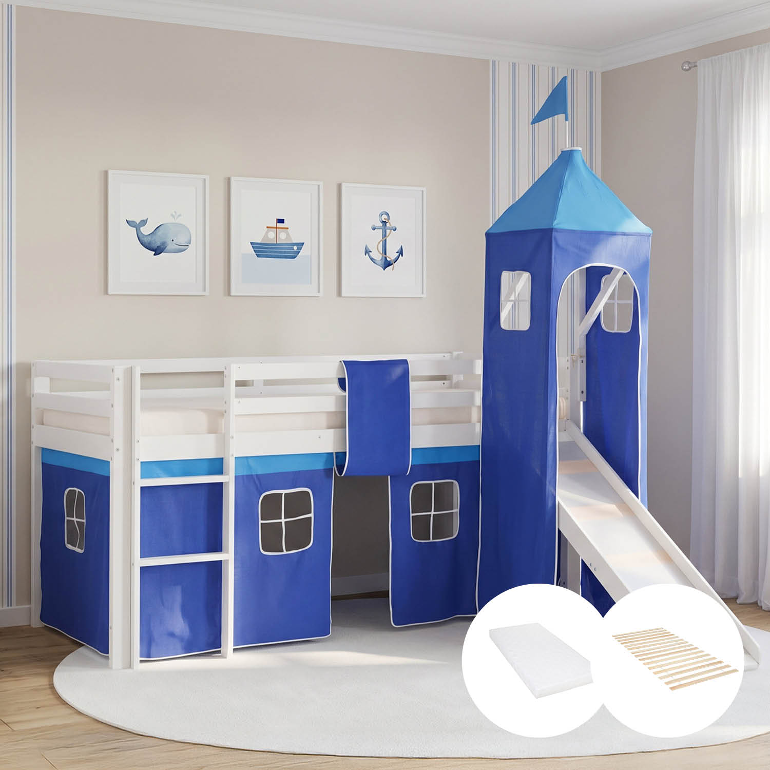 Children's Loft Bed 90x200 cm White with Blue Curtain | Slide | Tower | With Slatted Base | With Mattress