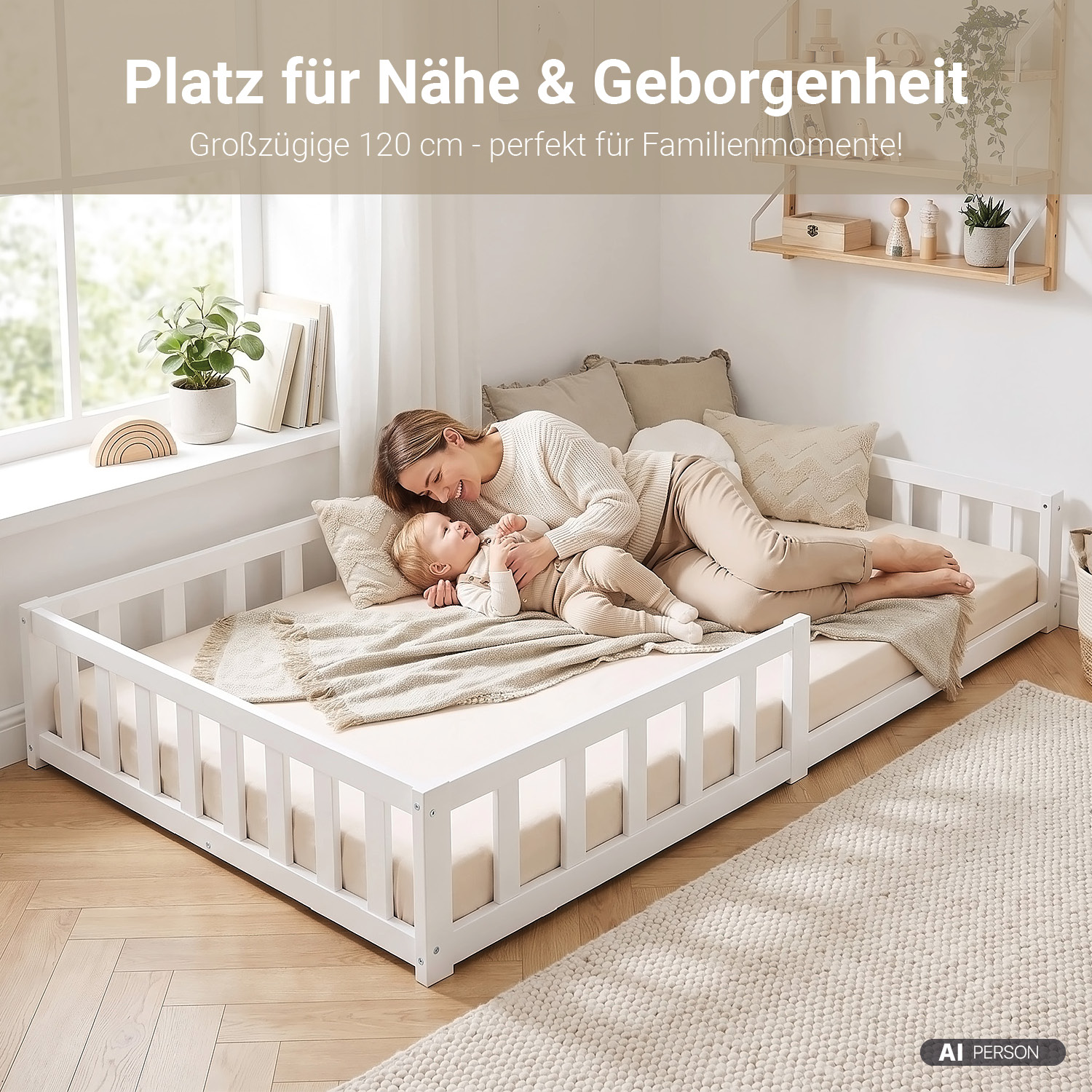 Montessori Crib 120x200 cm White with Safety Rail & Slatted Base – Solid Wood Crib
