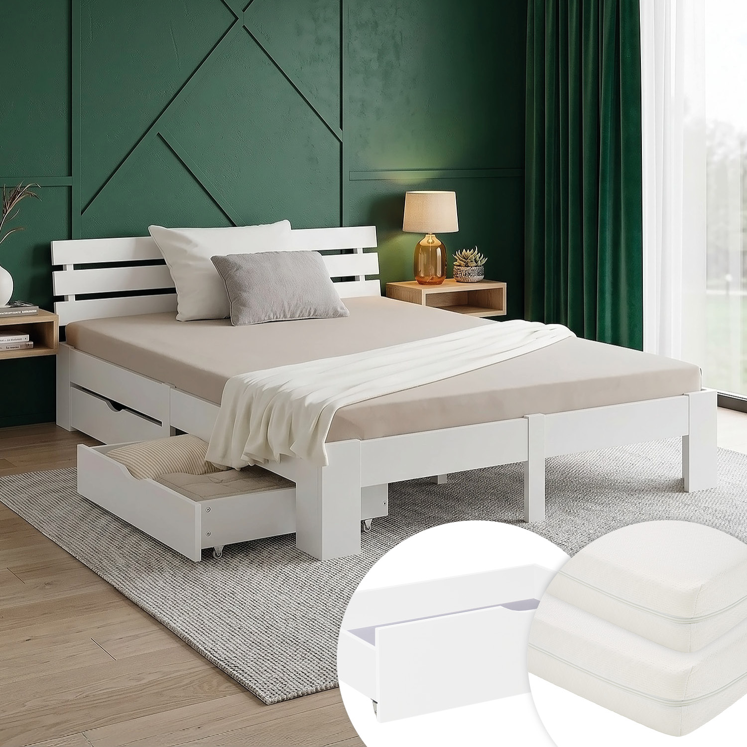 Wood Bed 160x200 cm White | Double Bed with Storage 2 Drawers | with Mattress | Solid | Youth Guest Bedroom