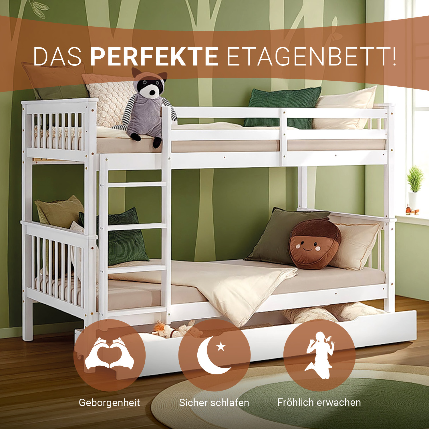 Bunk Bed 90x200 cm White | Kids Bed with Mattress | Storage | Fall Protection | Convertible | Massif pine wood