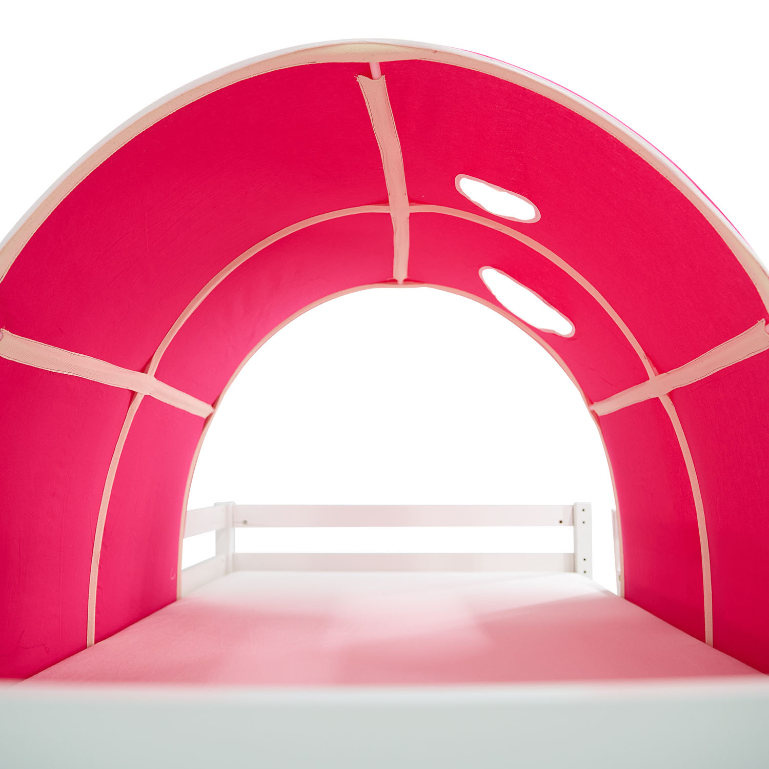 Children's Loft Bed 90x200 cm White with Pink Curtain | Tunnel | Slide | Includes Slatted Base | Includes Mattress