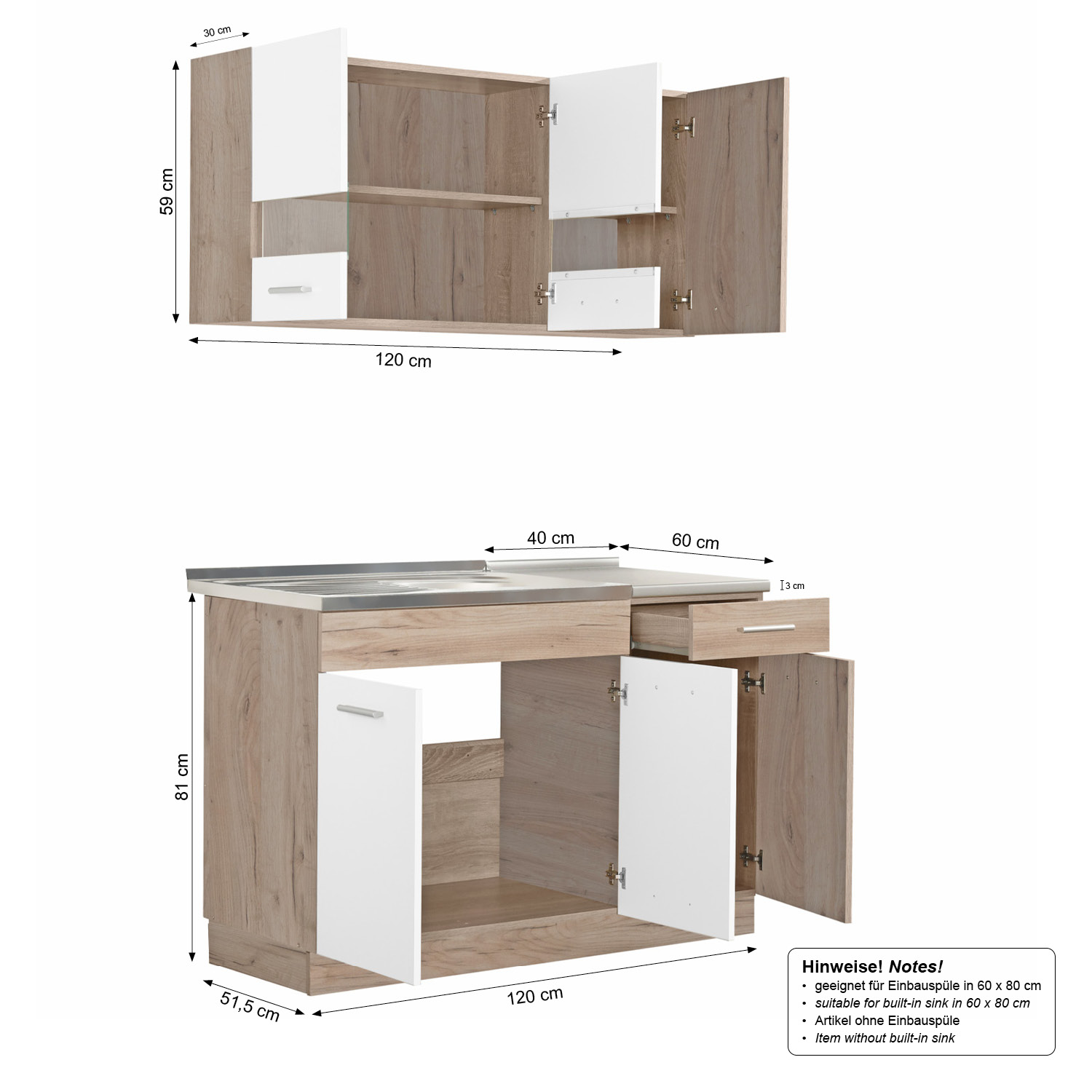 120 cm kitchen unit (without appliances or sink) – White & Oak – Light-colored mini kitchen