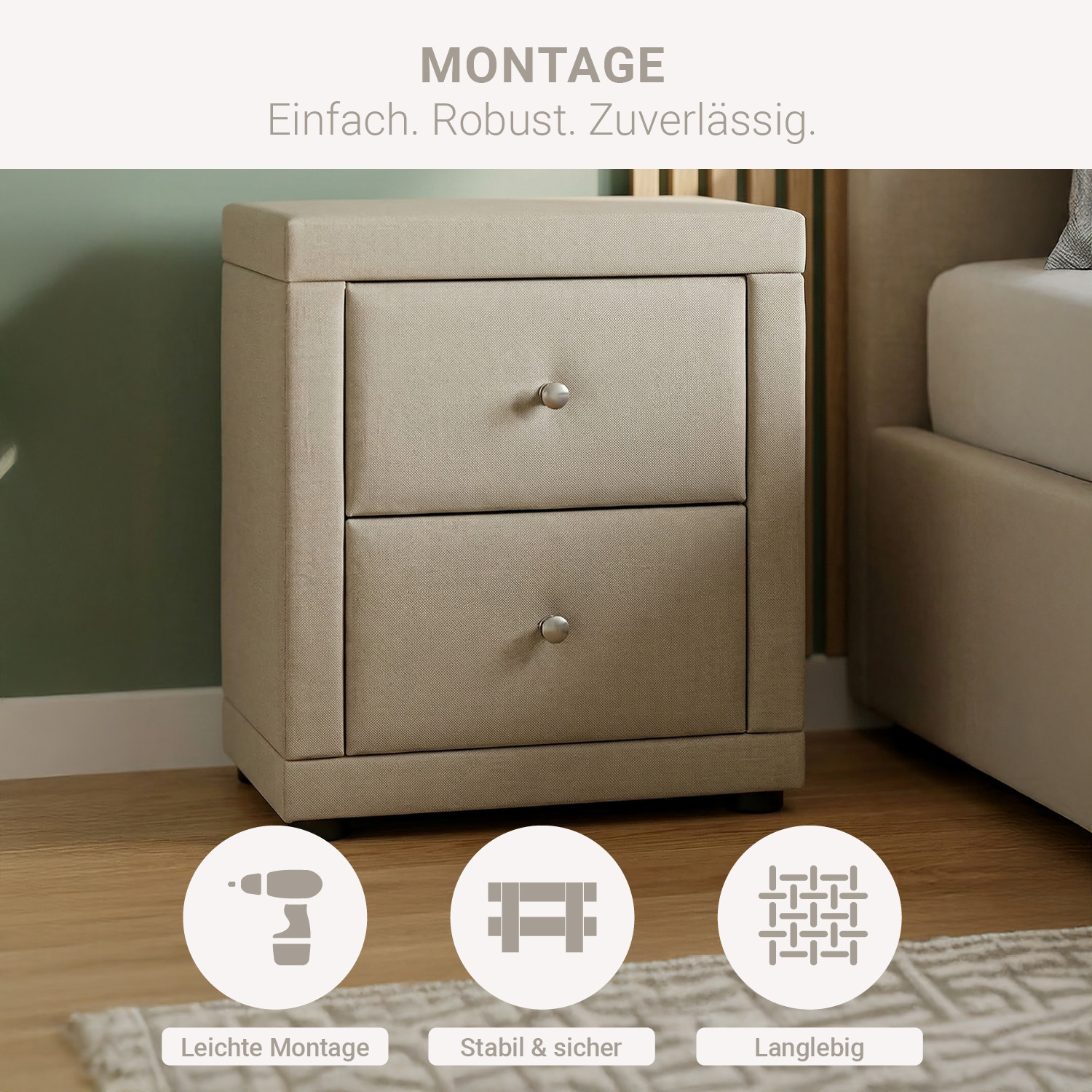 Bedside table Nightstand bedroom 2 Chest drawers Side table Beige fabric