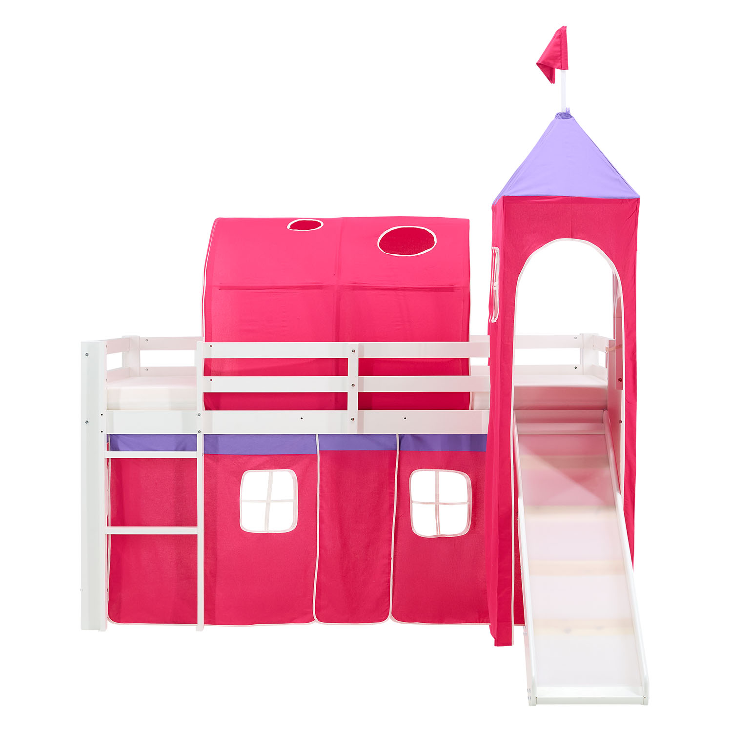 Children's Loft Bed 90x200 cm White with Pink Curtain | Tunnel | Tower | Slide | with Slatted Base