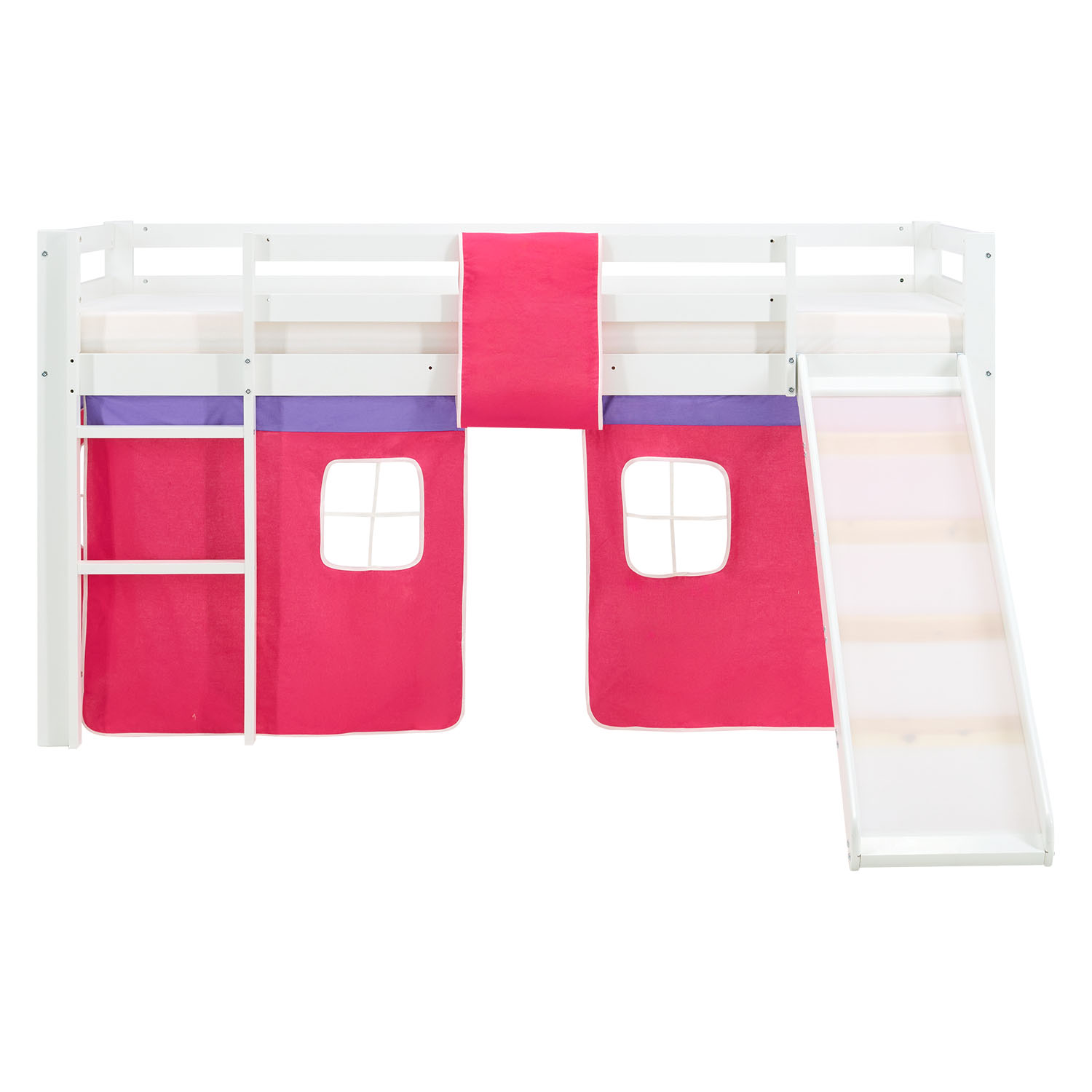 Children's Loft Bed 90x200 cm White with Pink Curtain | Slide | Includes Slatted Base | Includes Mattress