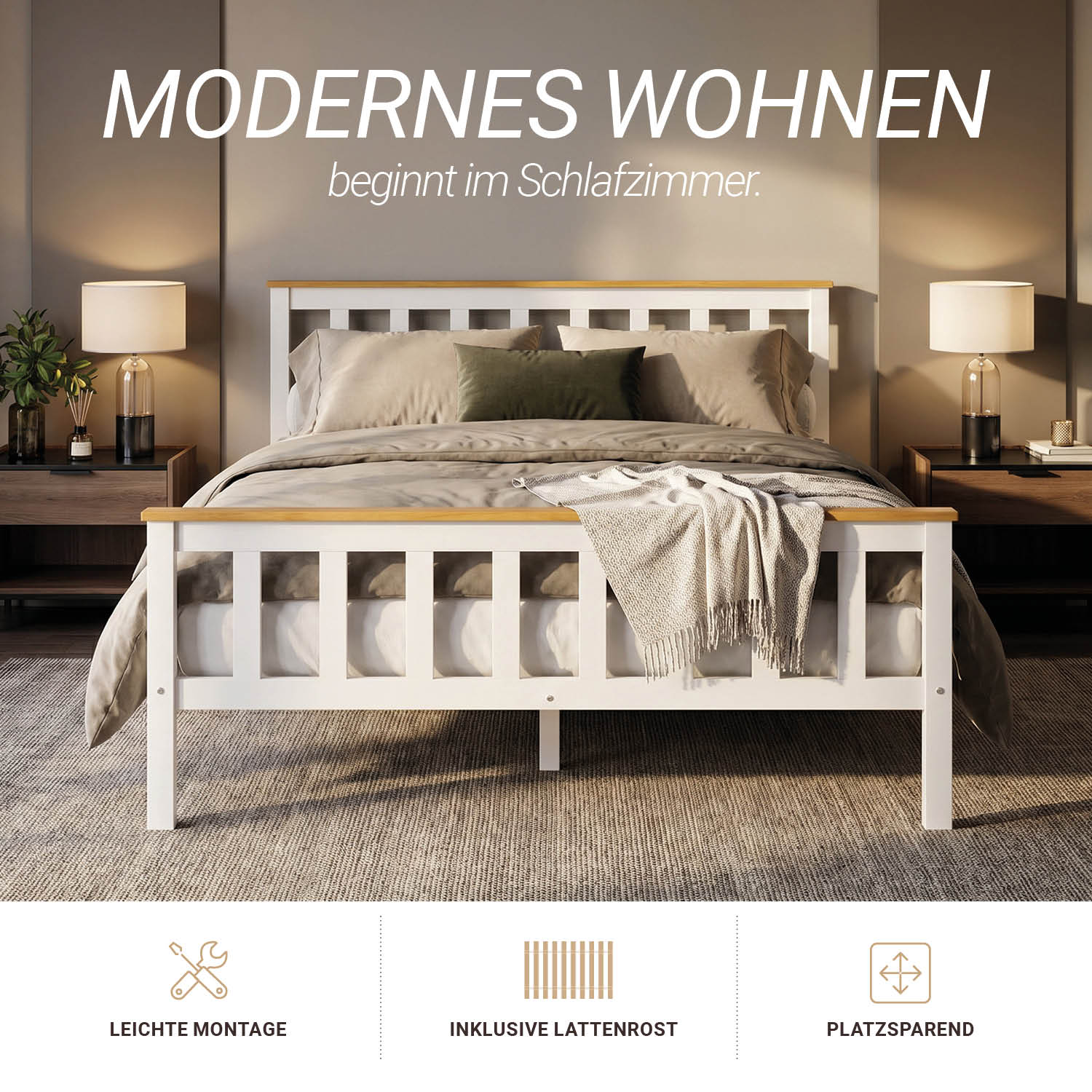 Wooden Bed 140x200 cm Natural White | Double Bed | With Slatted Base | Scandinavian Style | Children's, Teen, or Guest Bedroom