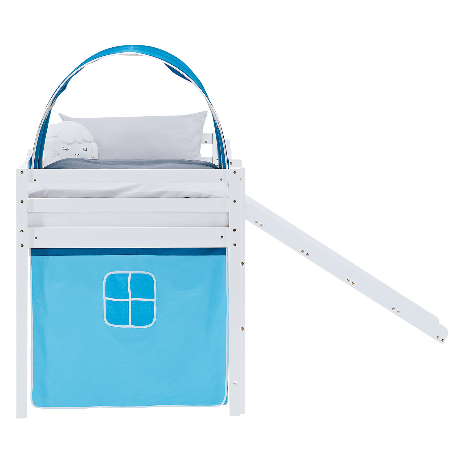 Loft Bed for Kids 90x200 cm White with Curtain & Tunnel in Blue | Slide | with Slatted Frame and Mattress