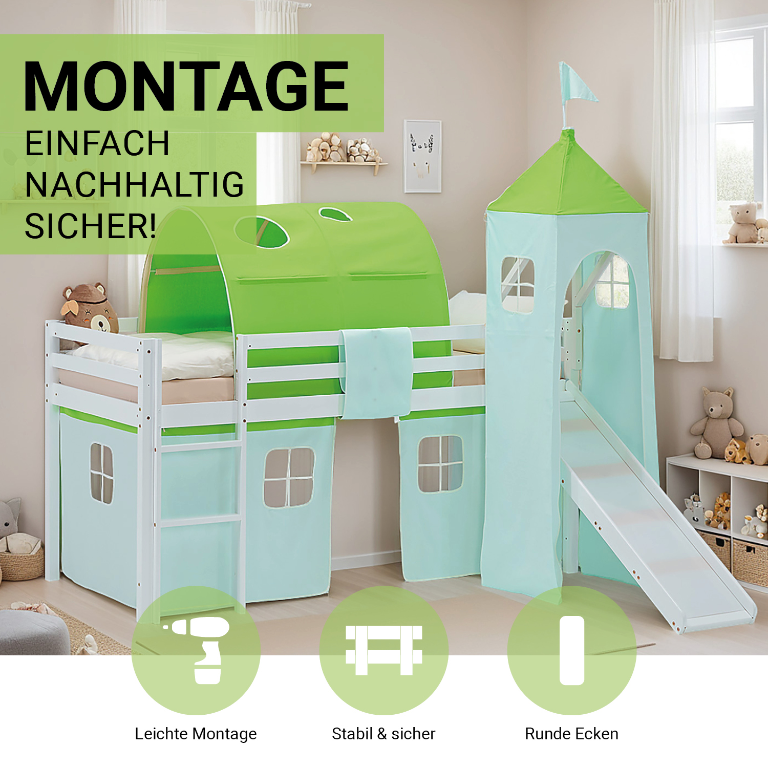 Loft Bed for Kids 90x200 cm White with Curtain in Green | Slide | Tower | Tunnel | without Slatted Frame