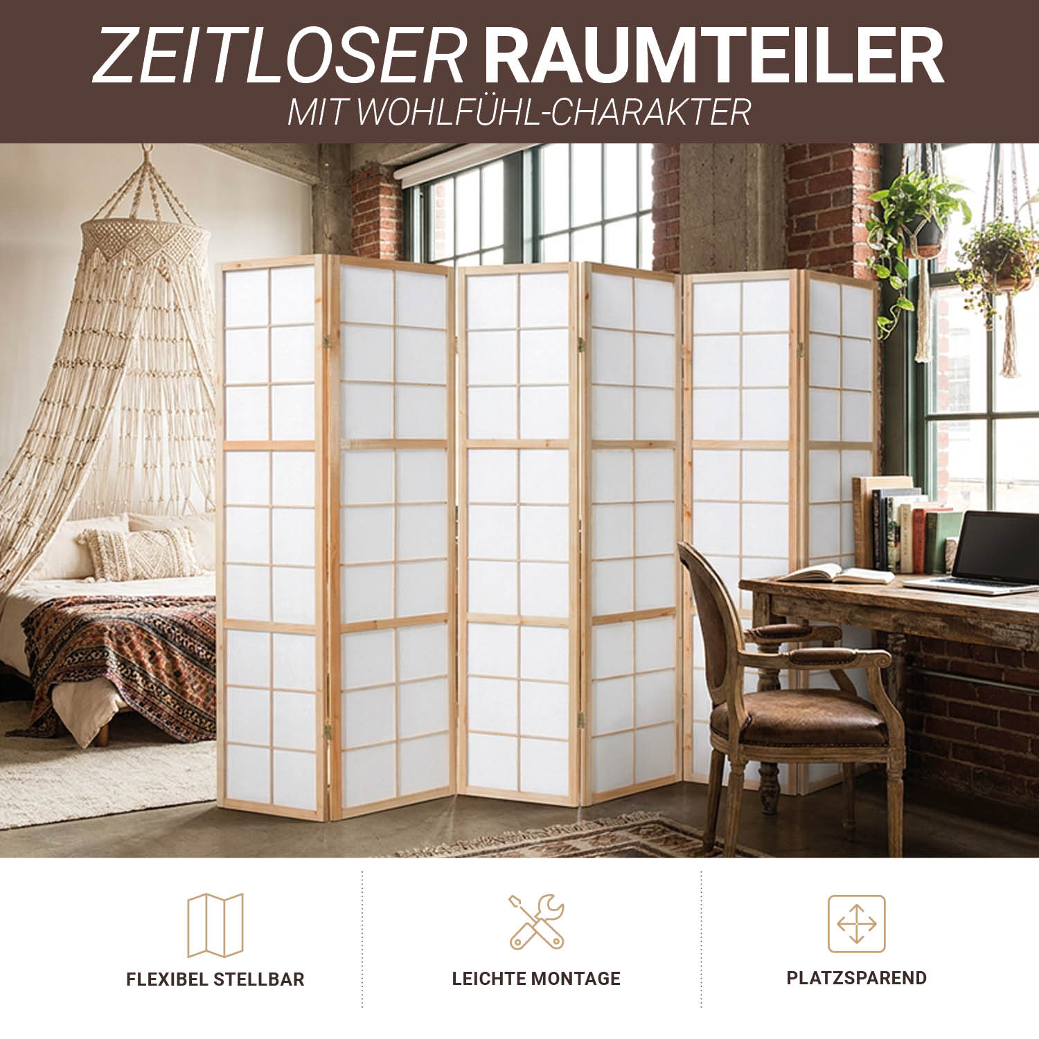 Natural Shoji Rice Paper Screen | 6-panel | Wood | Room Divider, Partition, Privacy Screen