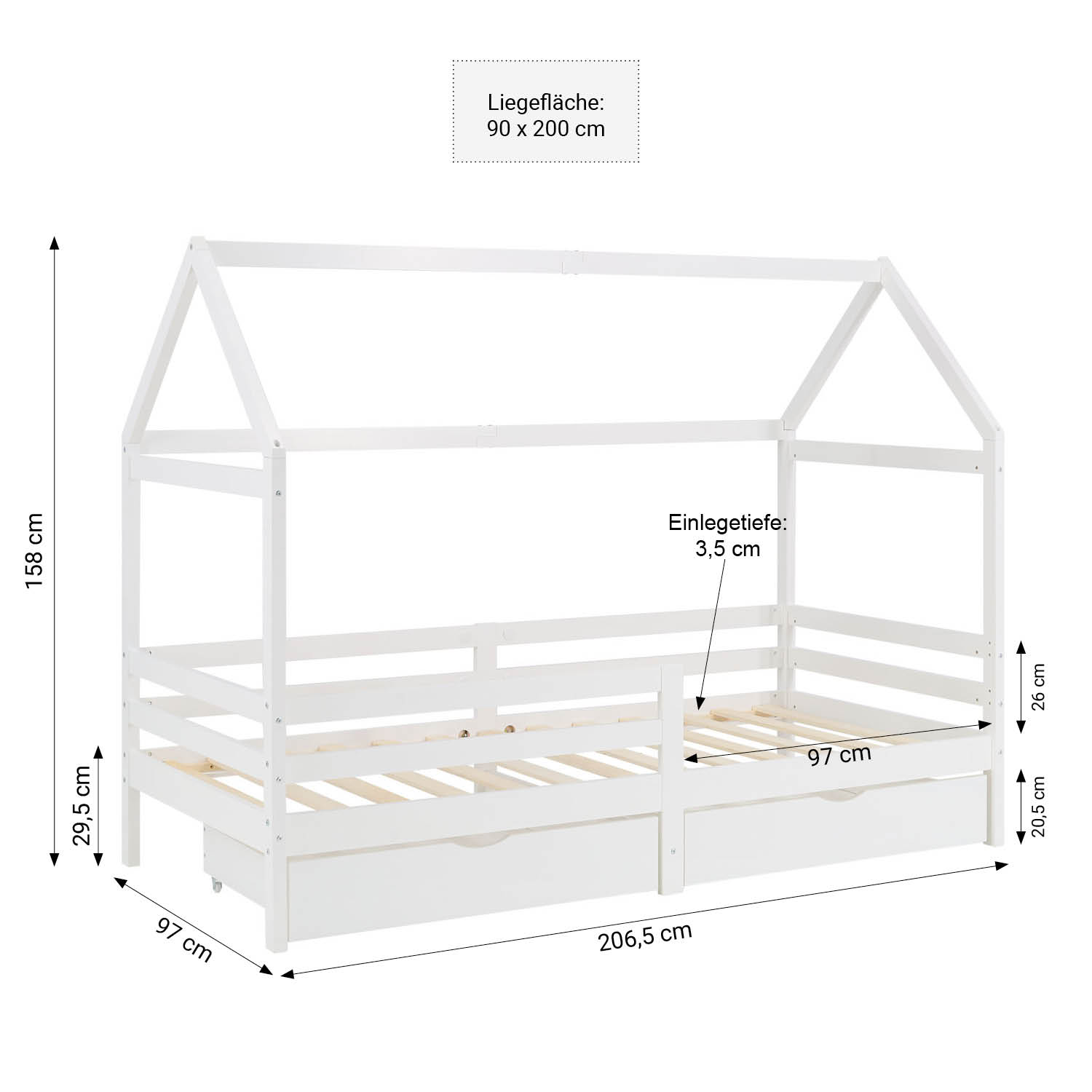 Children's Bed 90x200 cm White | House Bed with Fall Protection and Bed Drawer | Montessori | Single Bed | with Slatted Frame | Wood