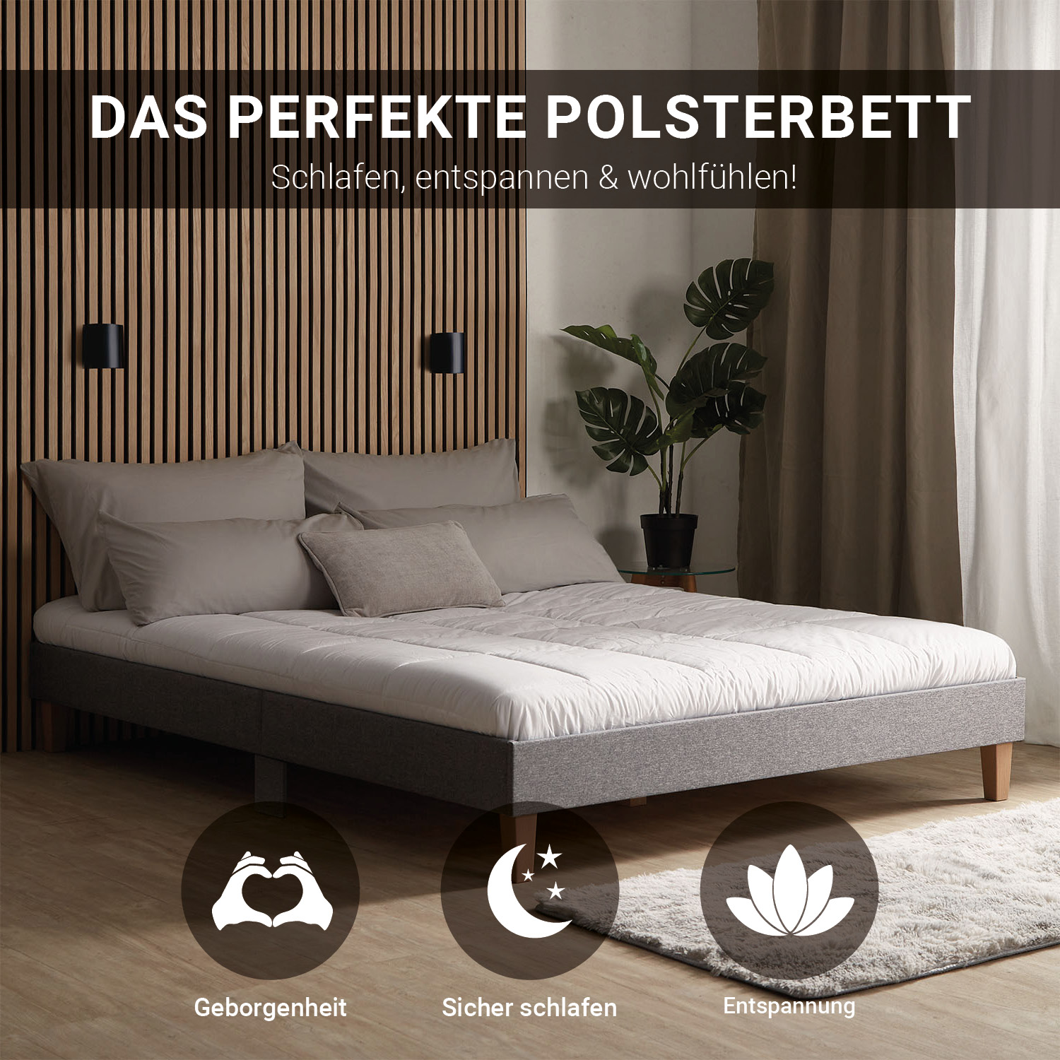Upholstered Bed 160x200 cm Gray – Modern Futon Bed with Slatted Base | Minimalist Double Fabric Bed